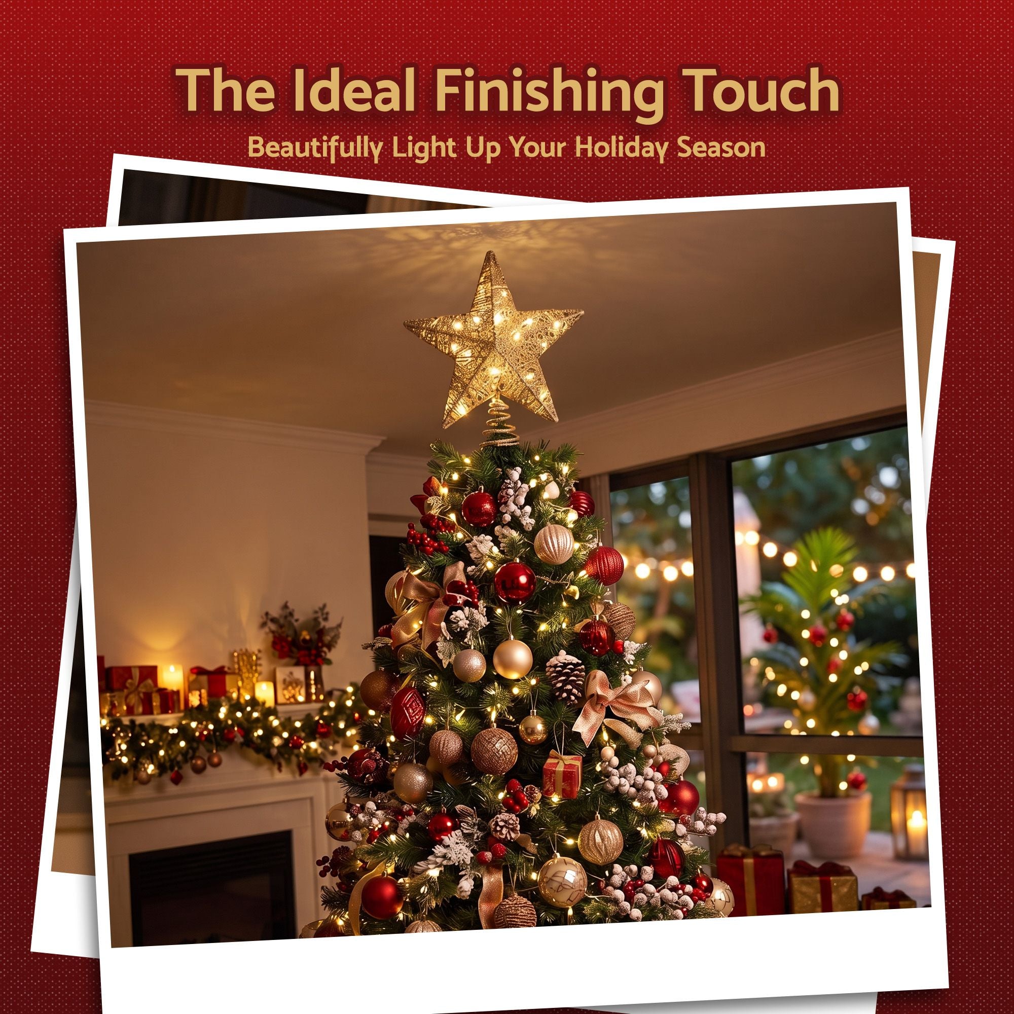 3D Christmas Tree Topper Star 20 Warm LED Lights Gold Glitter