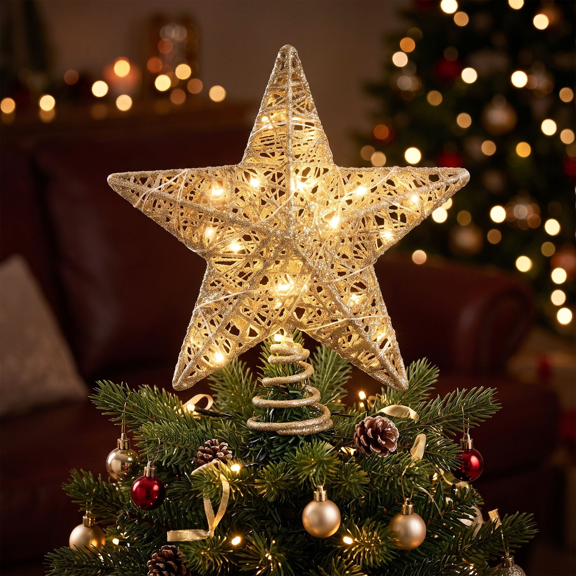 3D Christmas Tree Topper Star 20 Warm LED Lights Gold Glitter