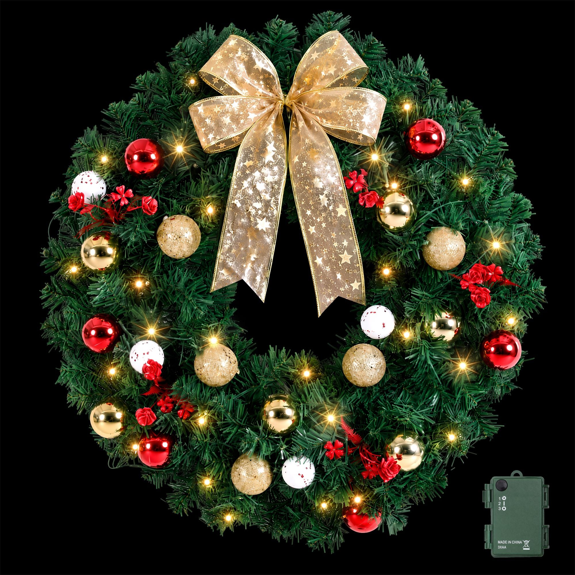 Christmas Wreath 60CM LED Garland Berries Bow Baubles Xmas Decor