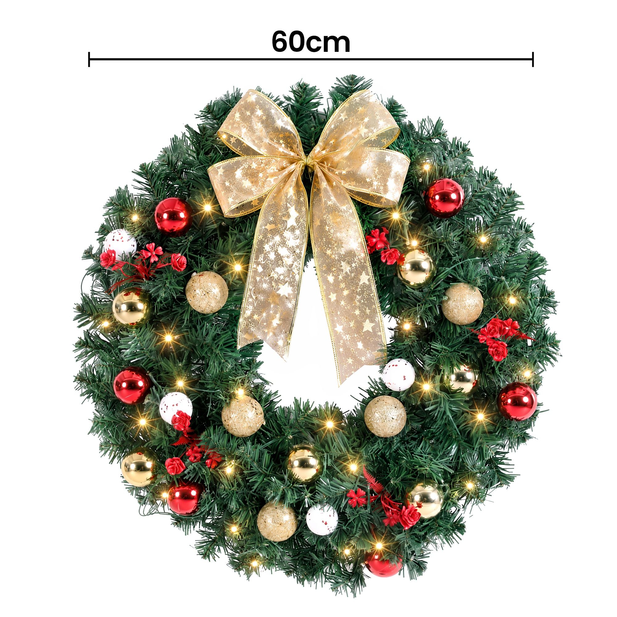 Christmas Wreath 60CM LED Garland Berries Bow Baubles Xmas Decor