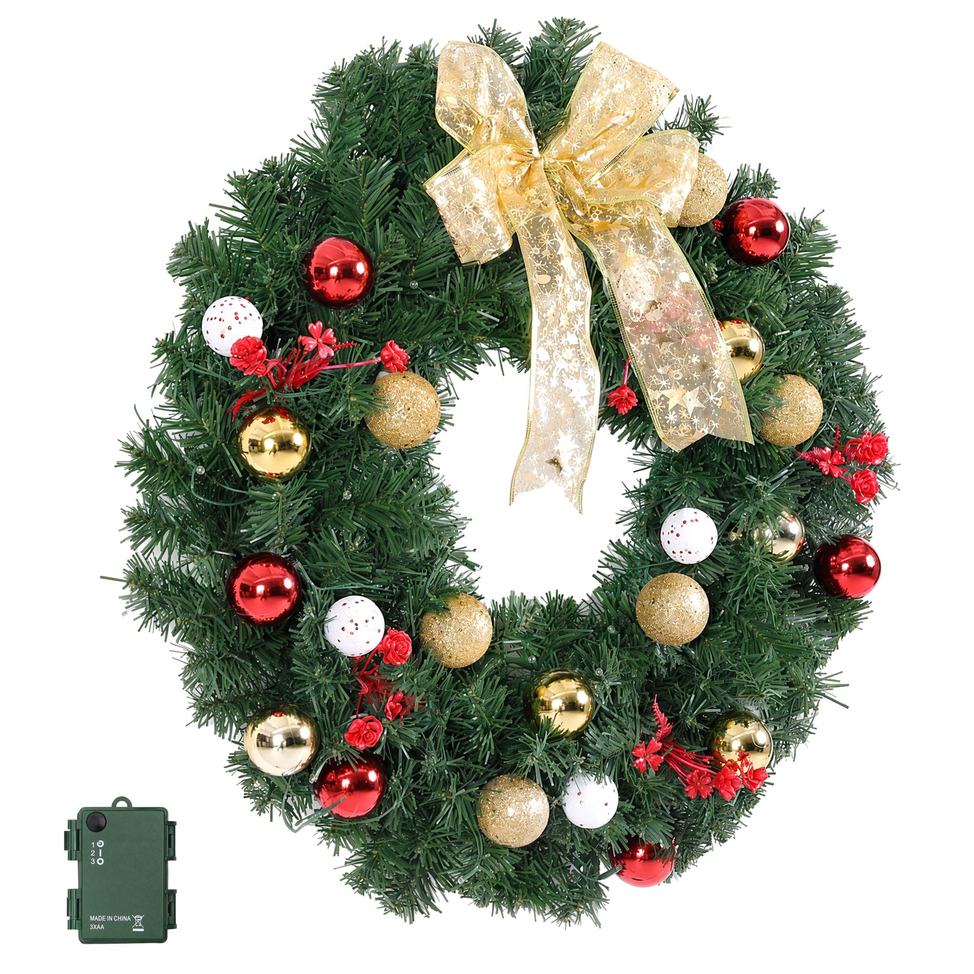 Christmas Wreath 60CM LED Garland Berries Bow Baubles Xmas Decor