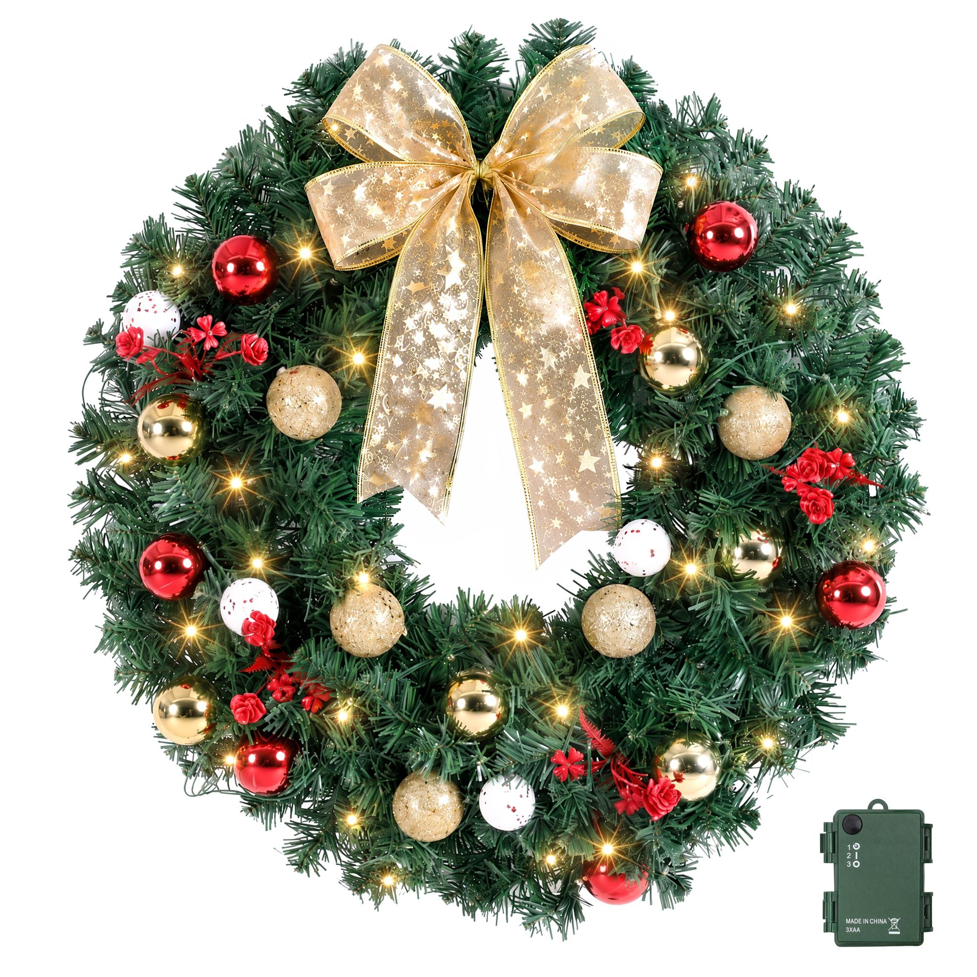 Christmas Wreath 60CM LED Garland Berries Bow Baubles Xmas Decor
