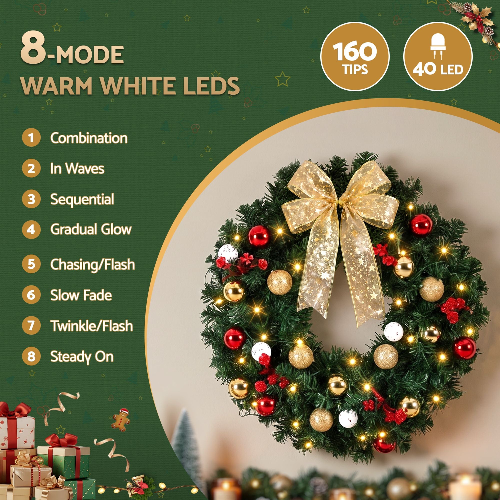 Christmas Wreath 60CM LED Garland Berries Bow Baubles Xmas Decor
