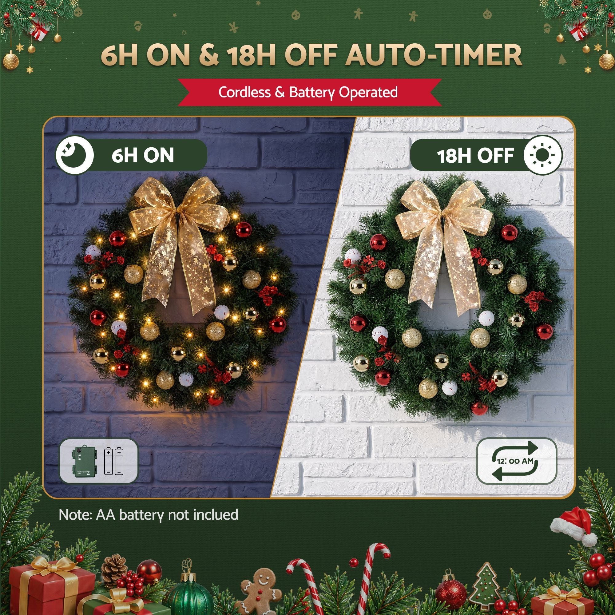 Christmas Wreath 60CM LED Garland Berries Bow Baubles Xmas Decor