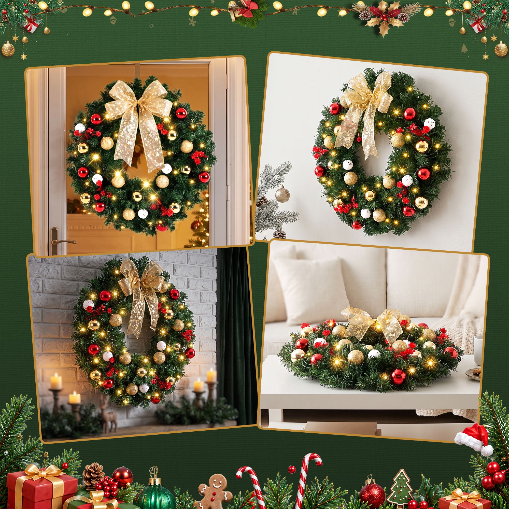 Christmas Wreath 60CM LED Garland Berries Bow Baubles Xmas Decor