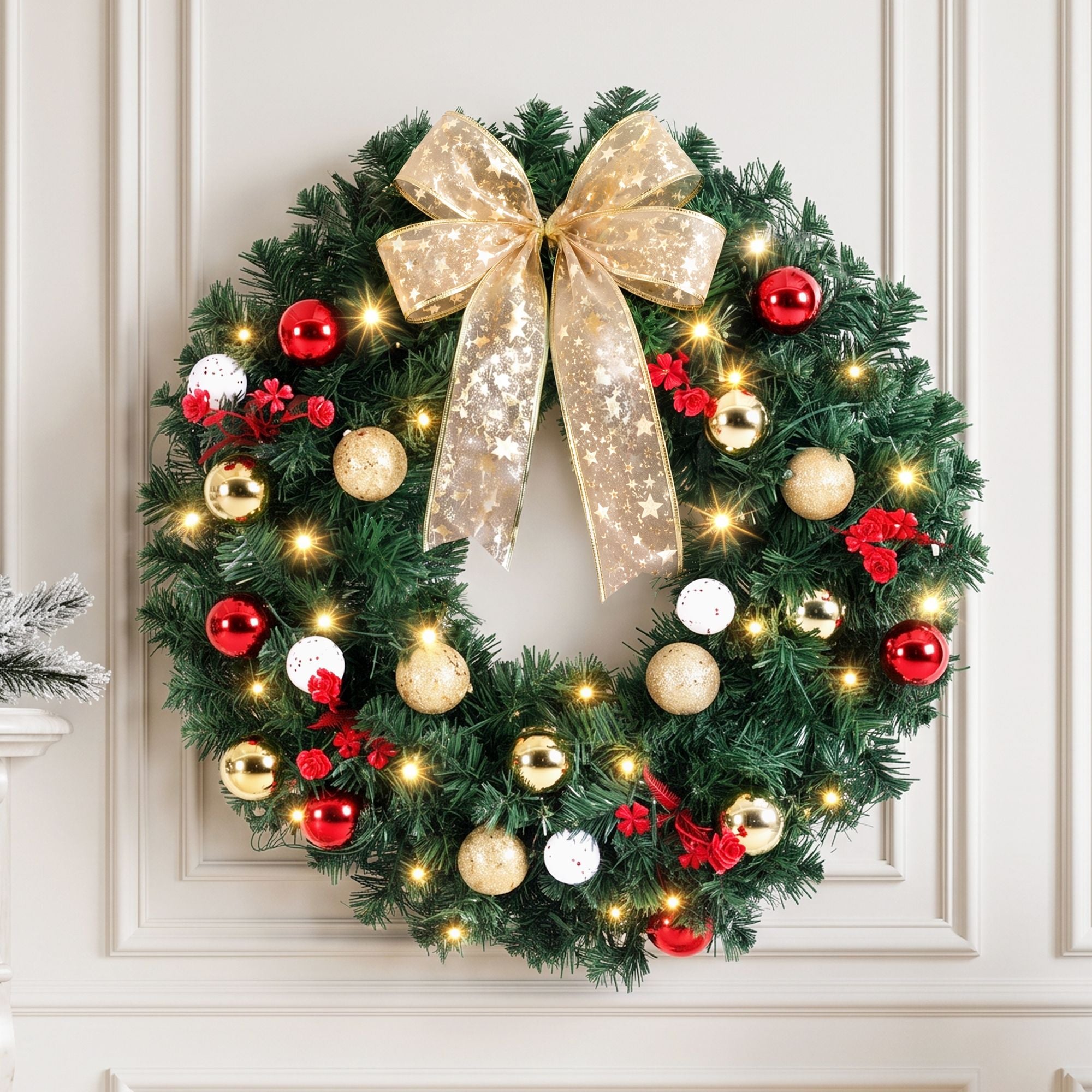 Christmas Wreath 60CM LED Garland Berries Bow Baubles Xmas Decor