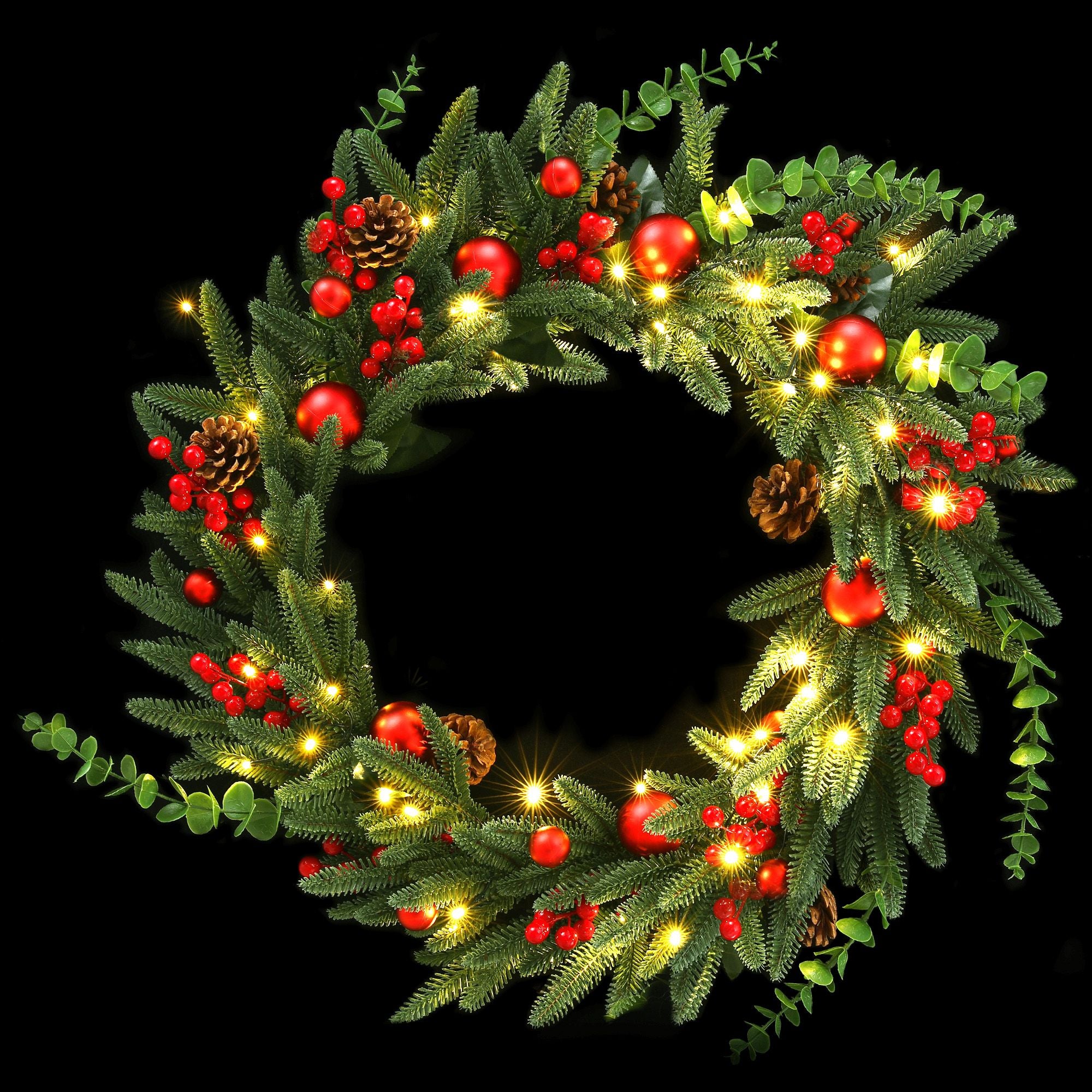 60cm Pre-Lit Christmas Wreath LED Light Front Door Xmas Decor Garland
