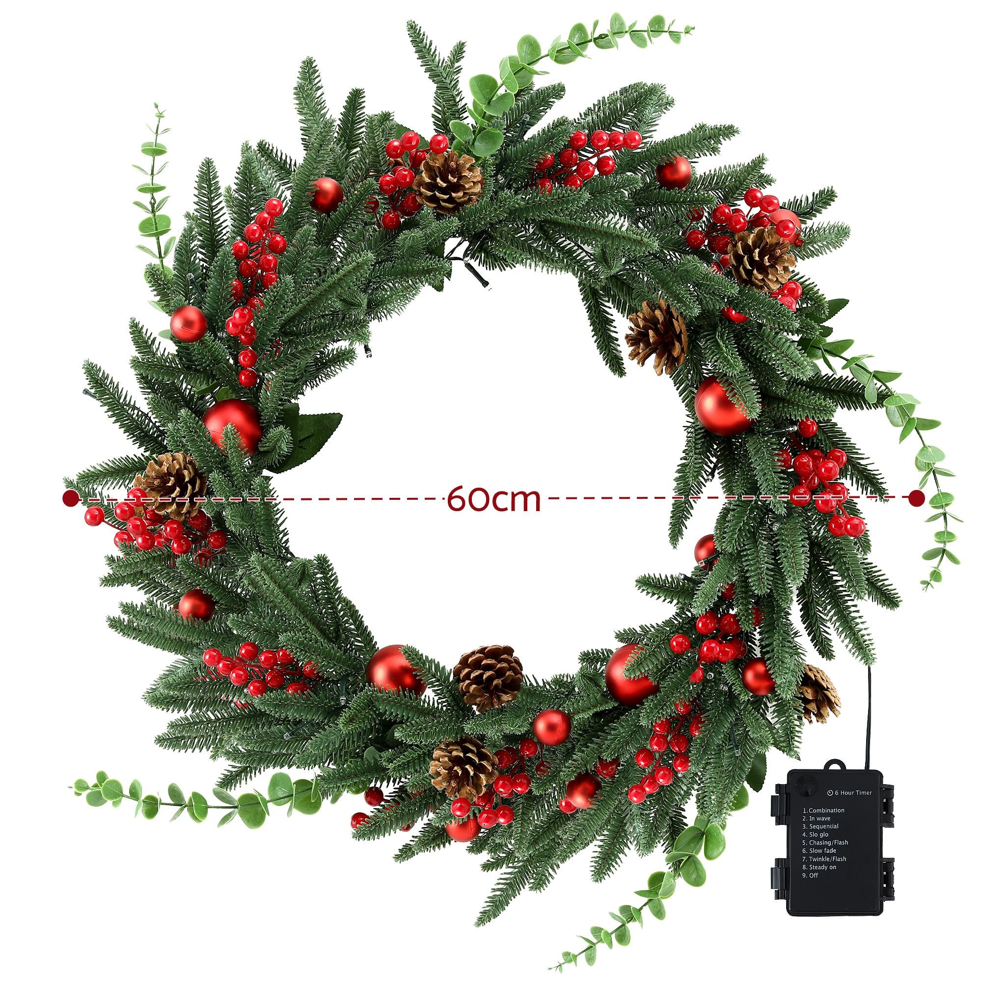 60cm Pre-Lit Christmas Wreath LED Light Front Door Xmas Decor Garland