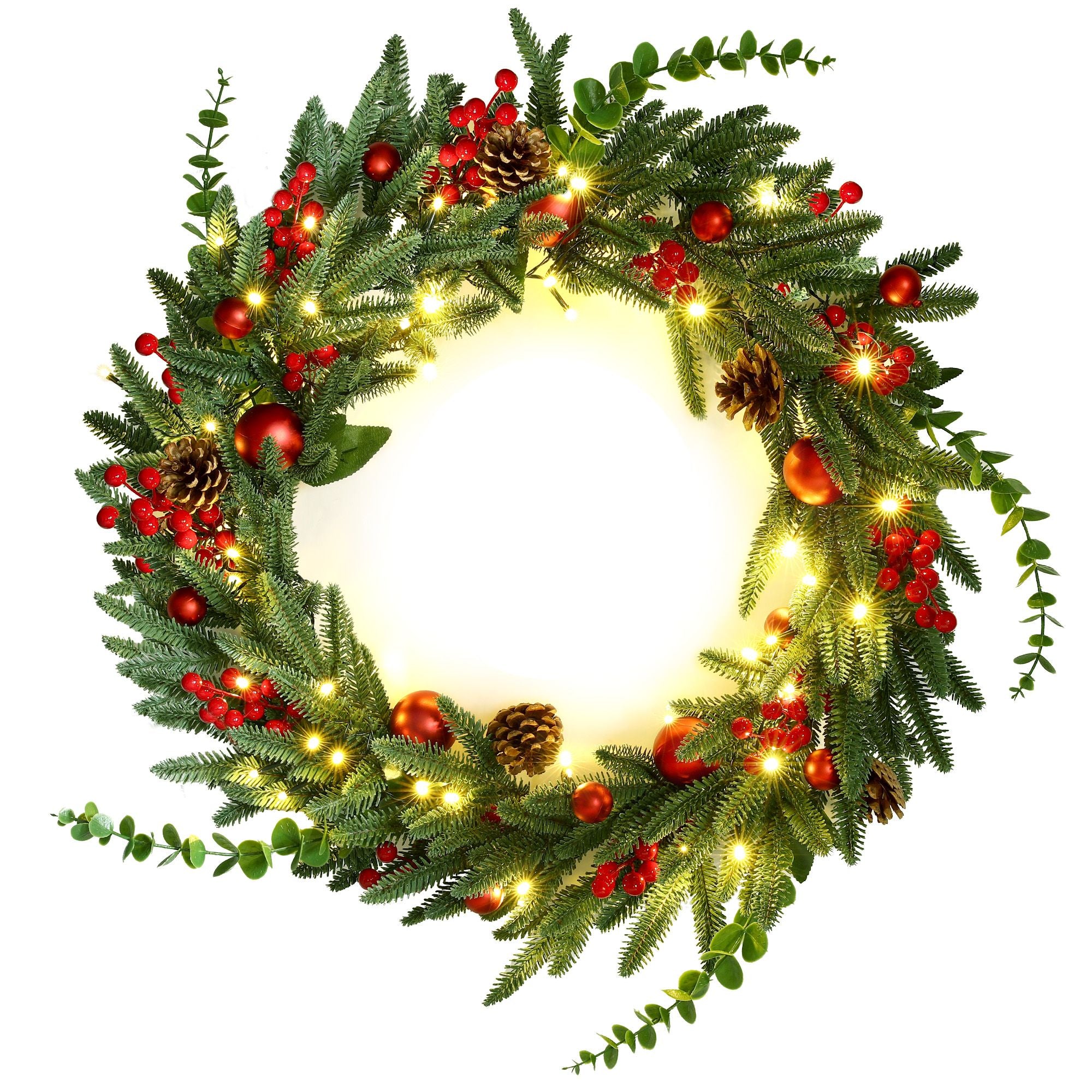 60cm Pre-Lit Christmas Wreath LED Light Front Door Xmas Decor Garland