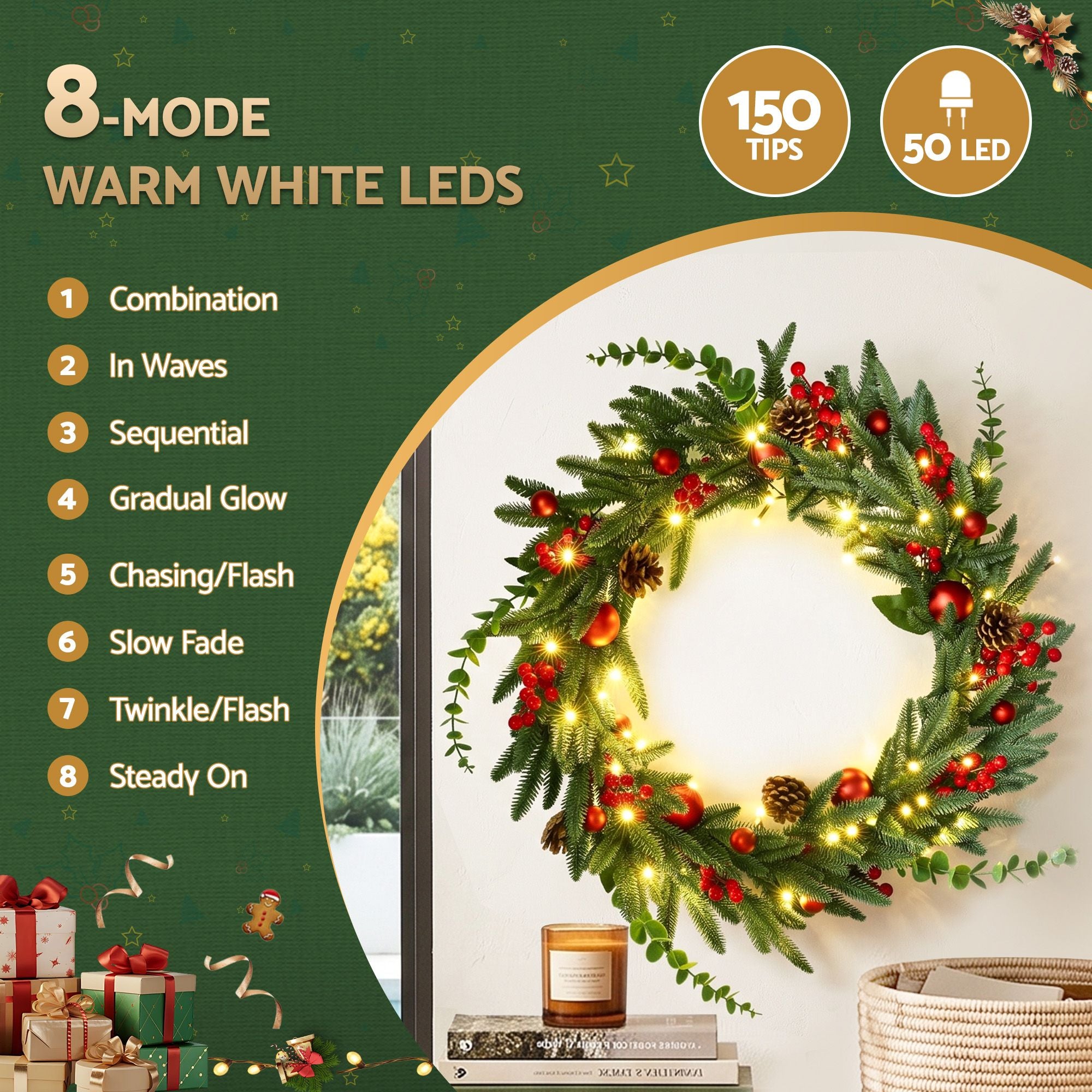 60cm Pre-Lit Christmas Wreath LED Light Front Door Xmas Decor Garland