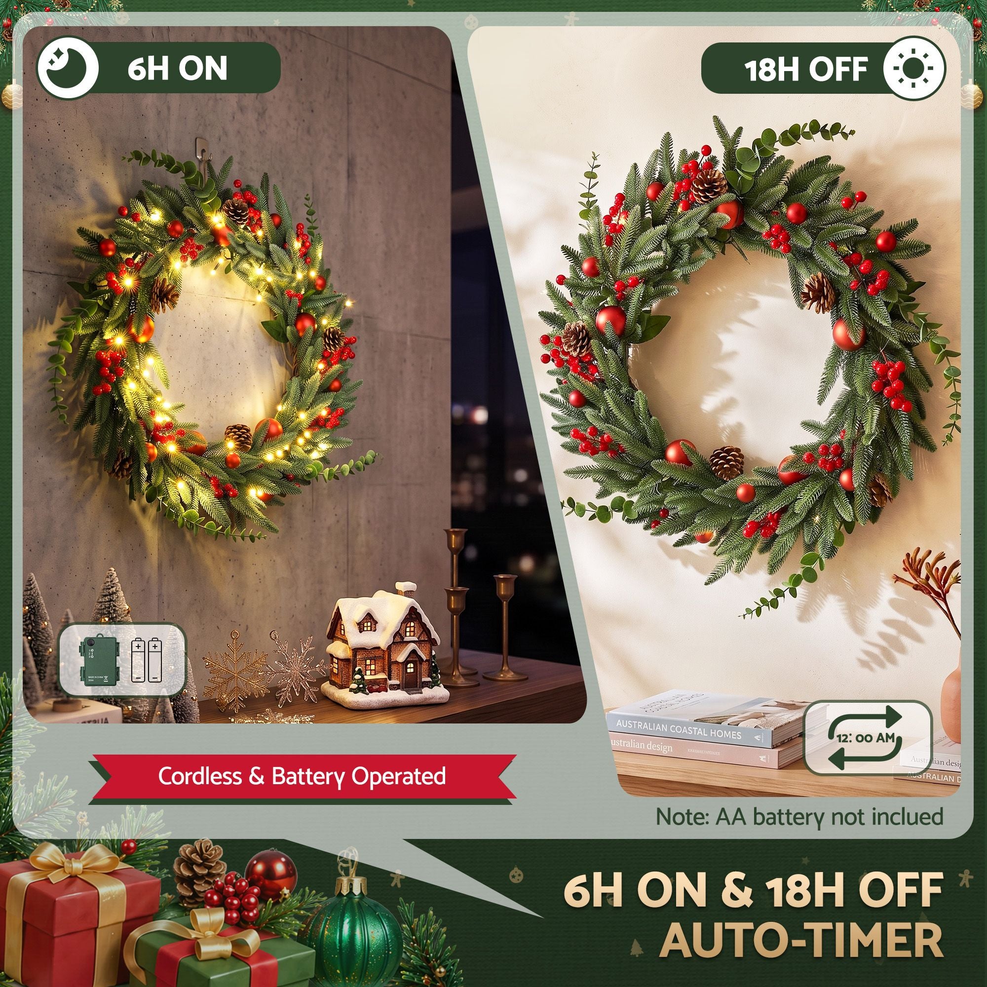 60cm Pre-Lit Christmas Wreath LED Light Front Door Xmas Decor Garland