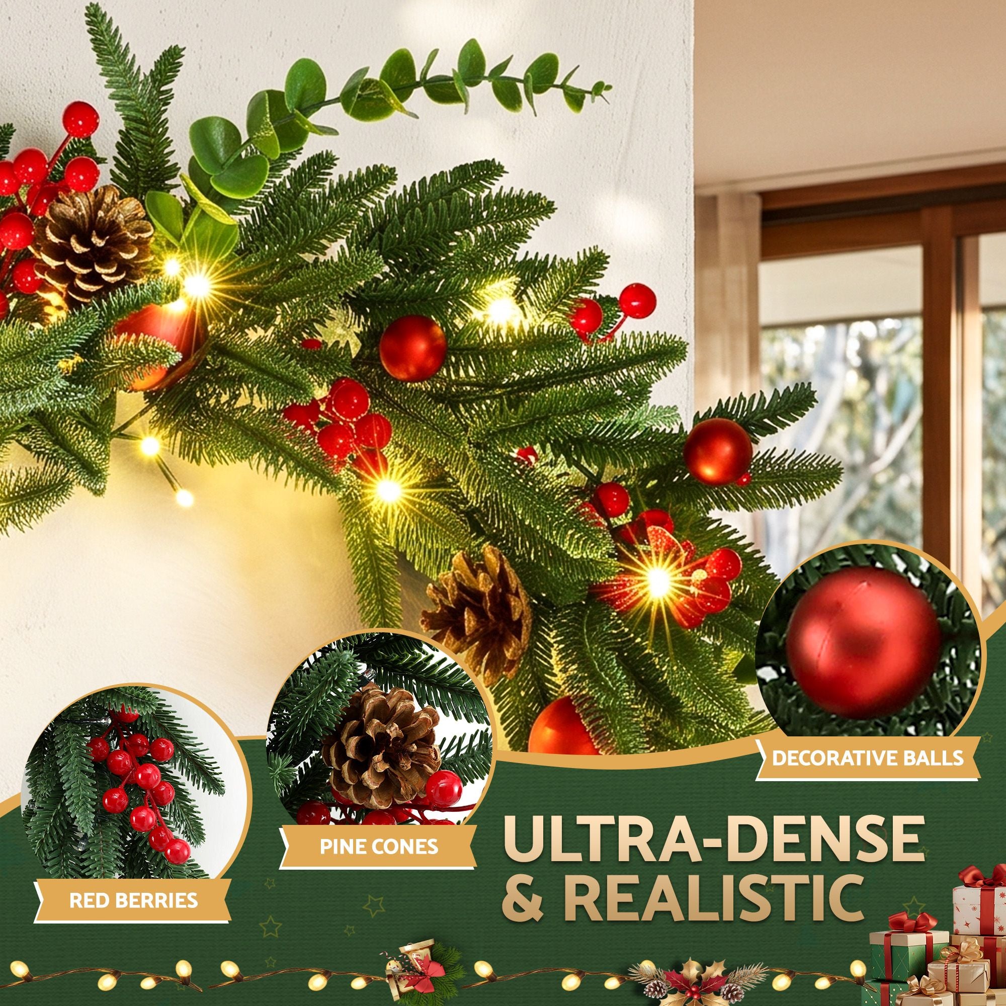 60cm Pre-Lit Christmas Wreath LED Light Front Door Xmas Decor Garland