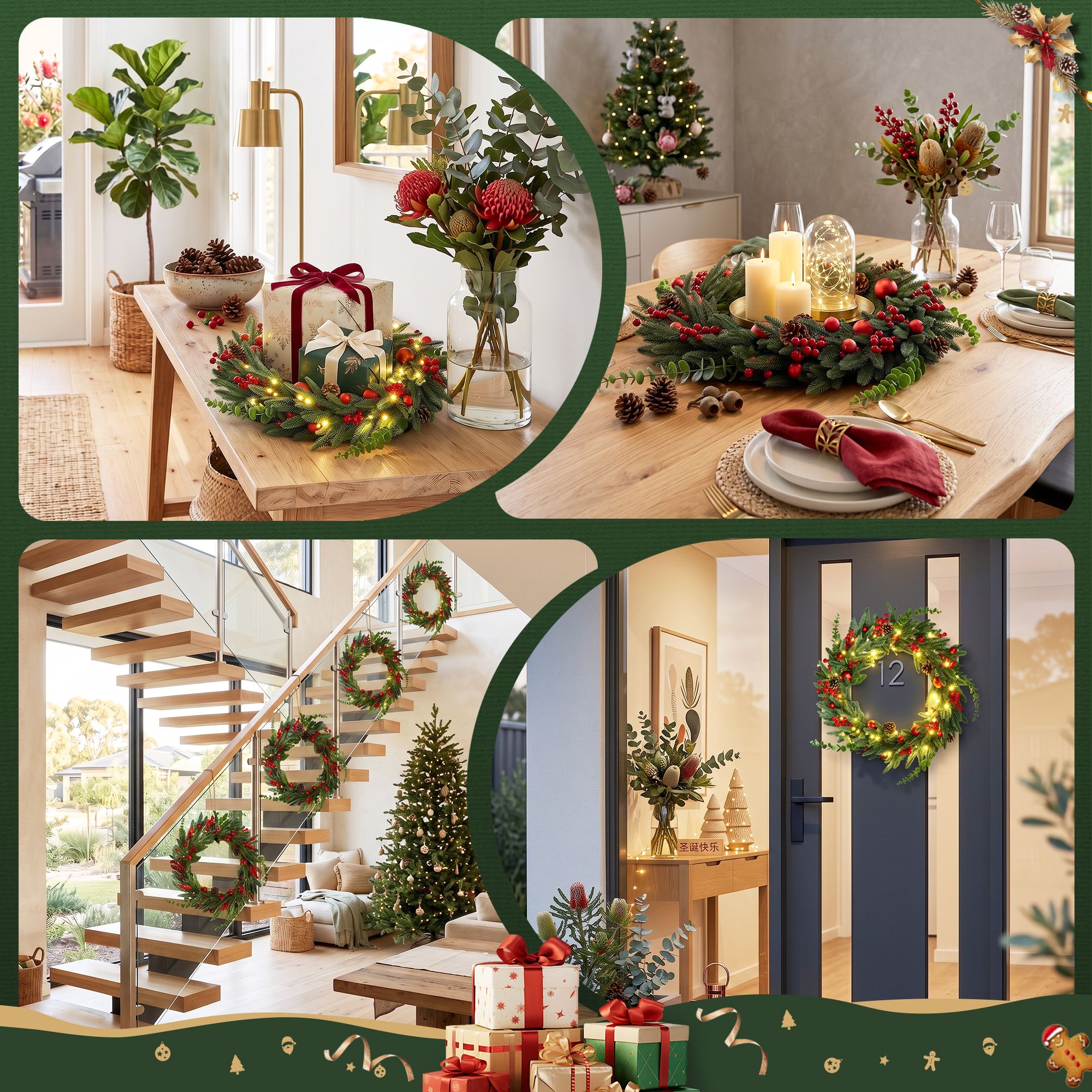 60cm Pre-Lit Christmas Wreath LED Light Front Door Xmas Decor Garland