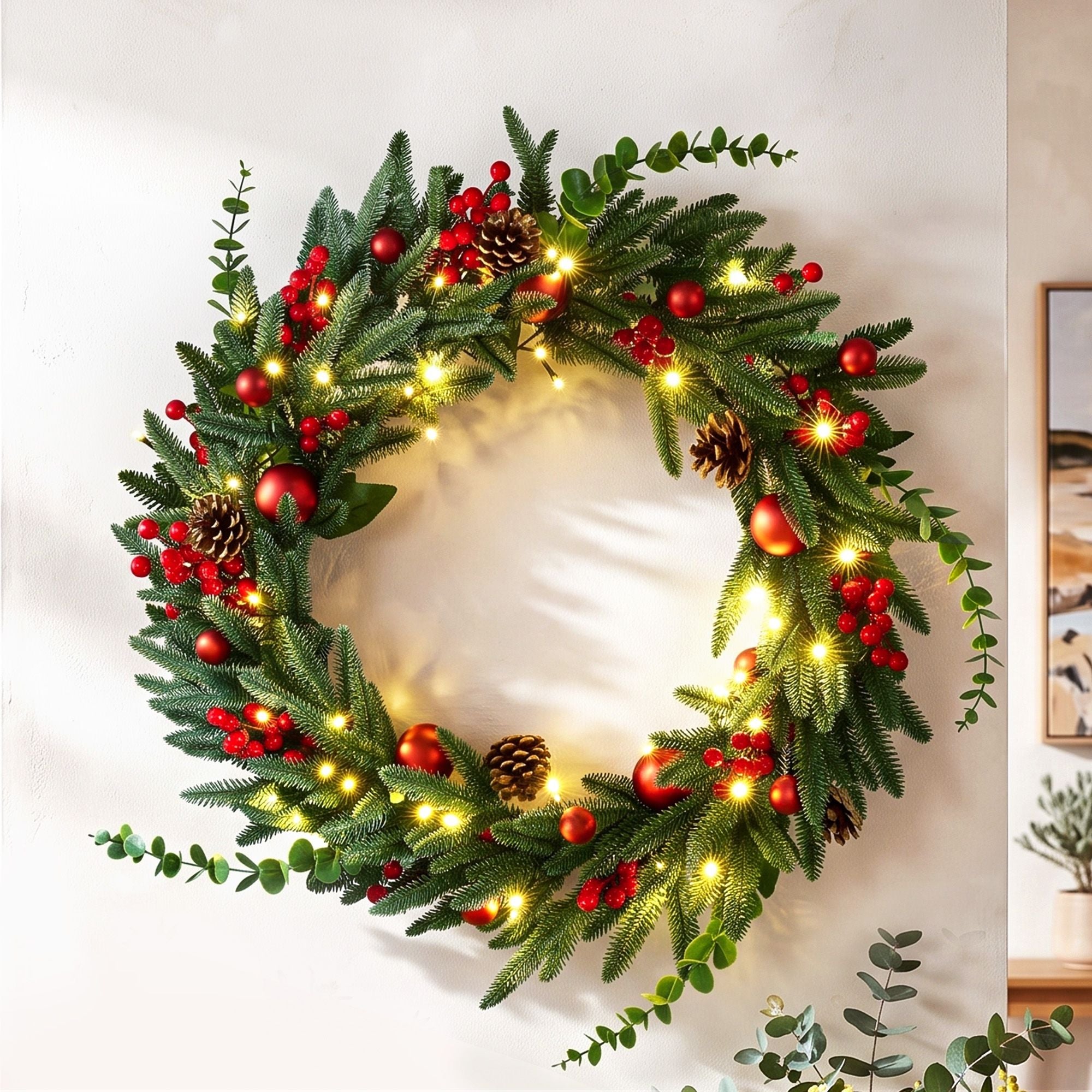 60cm Pre-Lit Christmas Wreath LED Light Front Door Xmas Decor Garland
