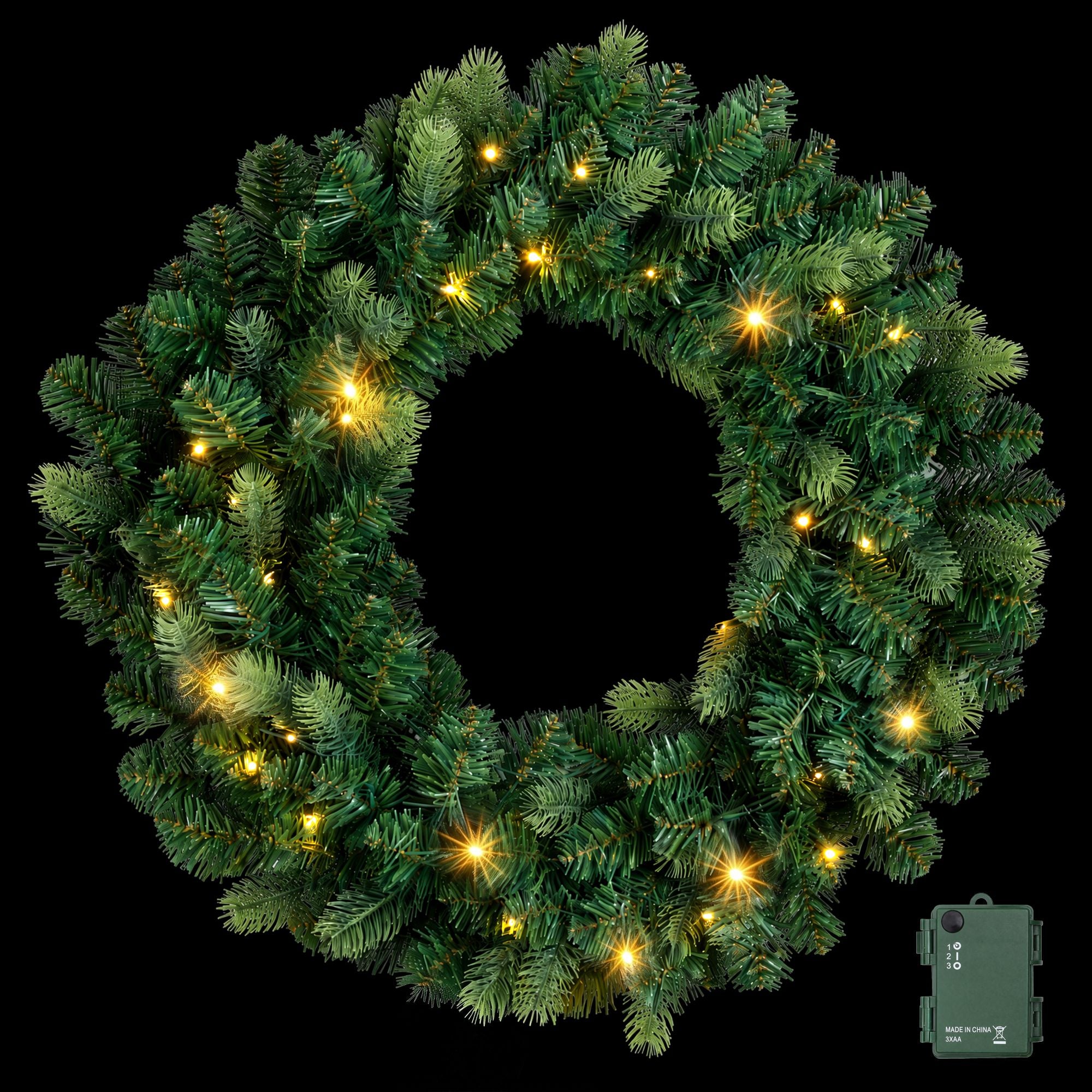 60cm Pre-Lit Christmas Wreath GarlandsWarm White LED Light Door Wreaths Battery Timer