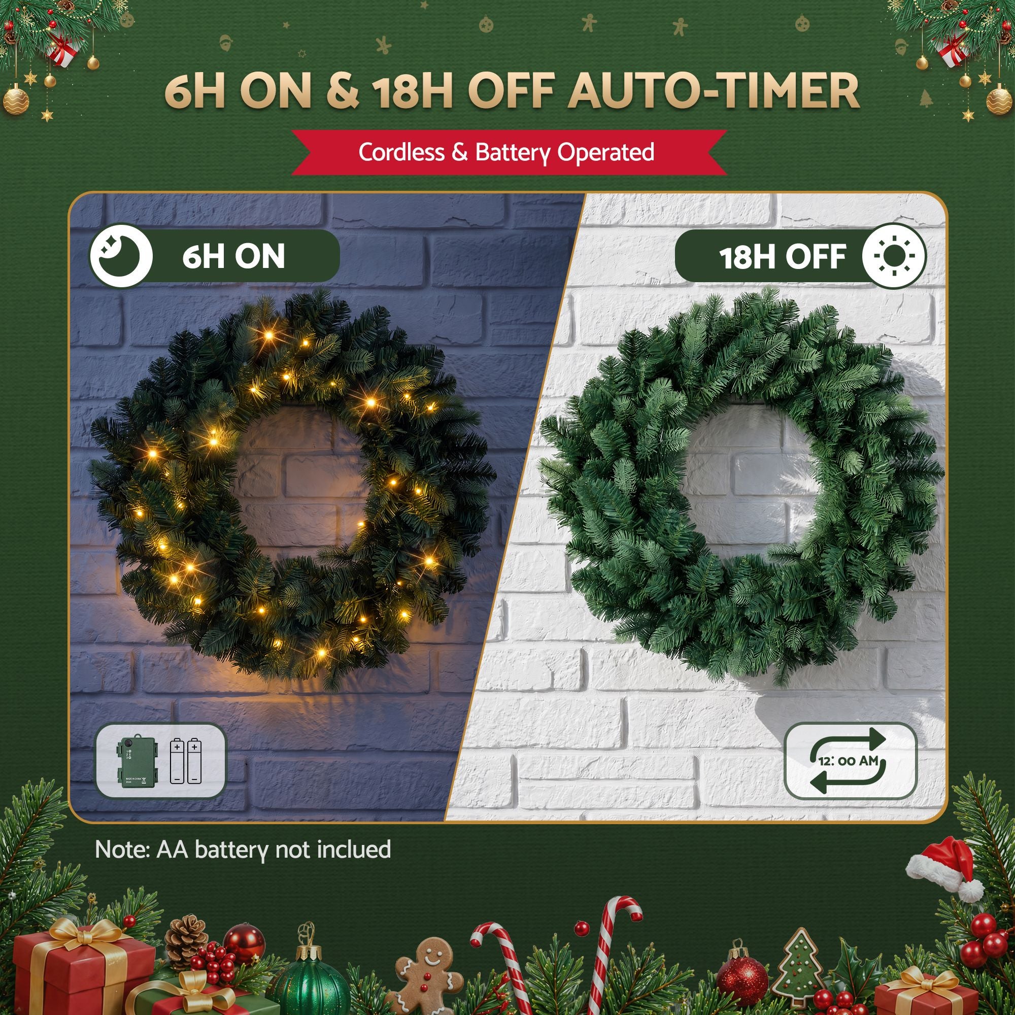 60cm Pre-Lit Christmas Wreath GarlandsWarm White LED Light Door Wreaths Battery Timer