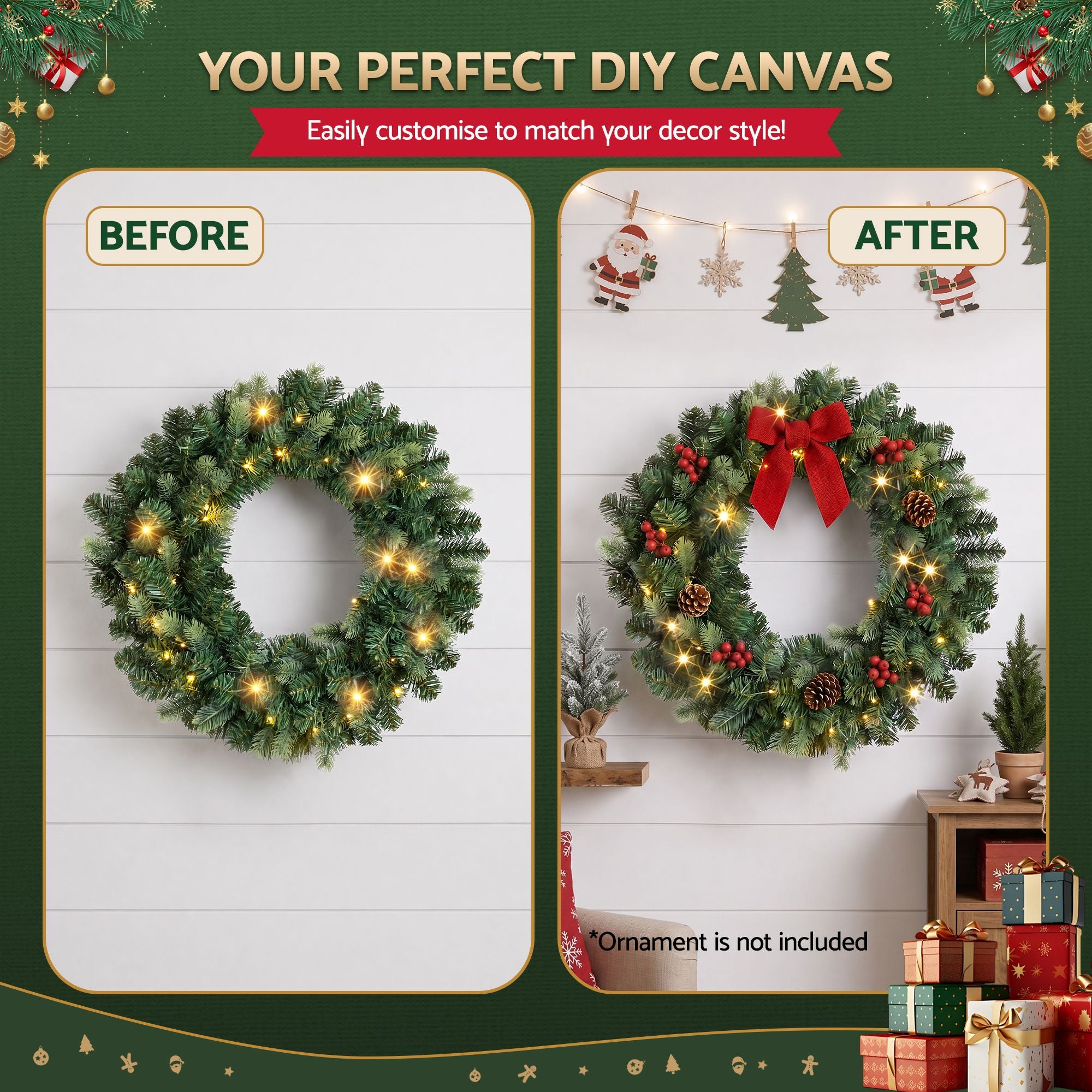 60cm Pre-Lit Christmas Wreath GarlandsWarm White LED Light Door Wreaths Battery Timer