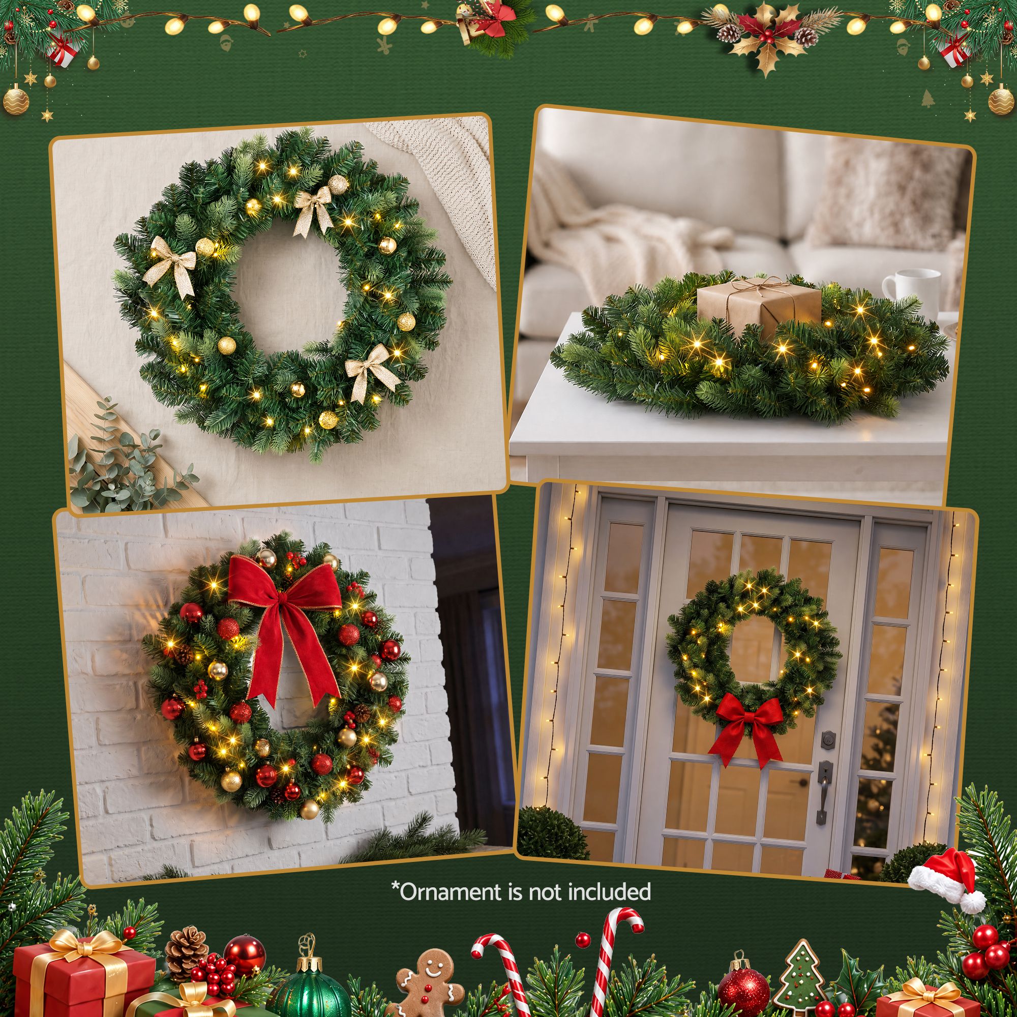 60cm Pre-Lit Christmas Wreath GarlandsWarm White LED Light Door Wreaths Battery Timer