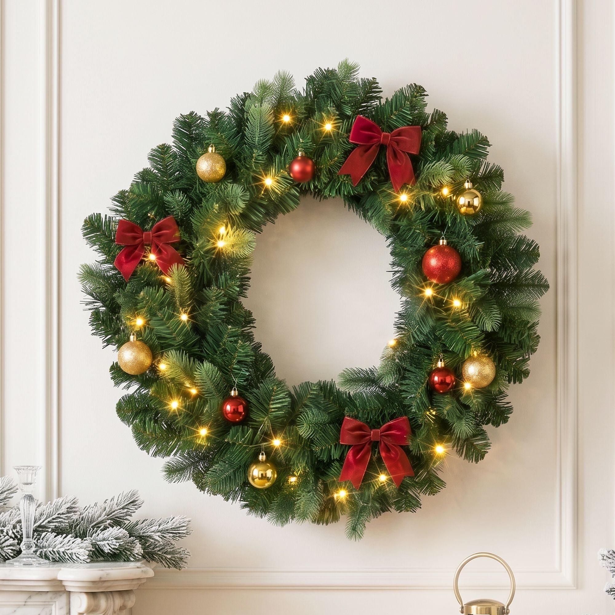 60cm Pre-Lit Christmas Wreath GarlandsWarm White LED Light Door Wreaths Battery Timer
