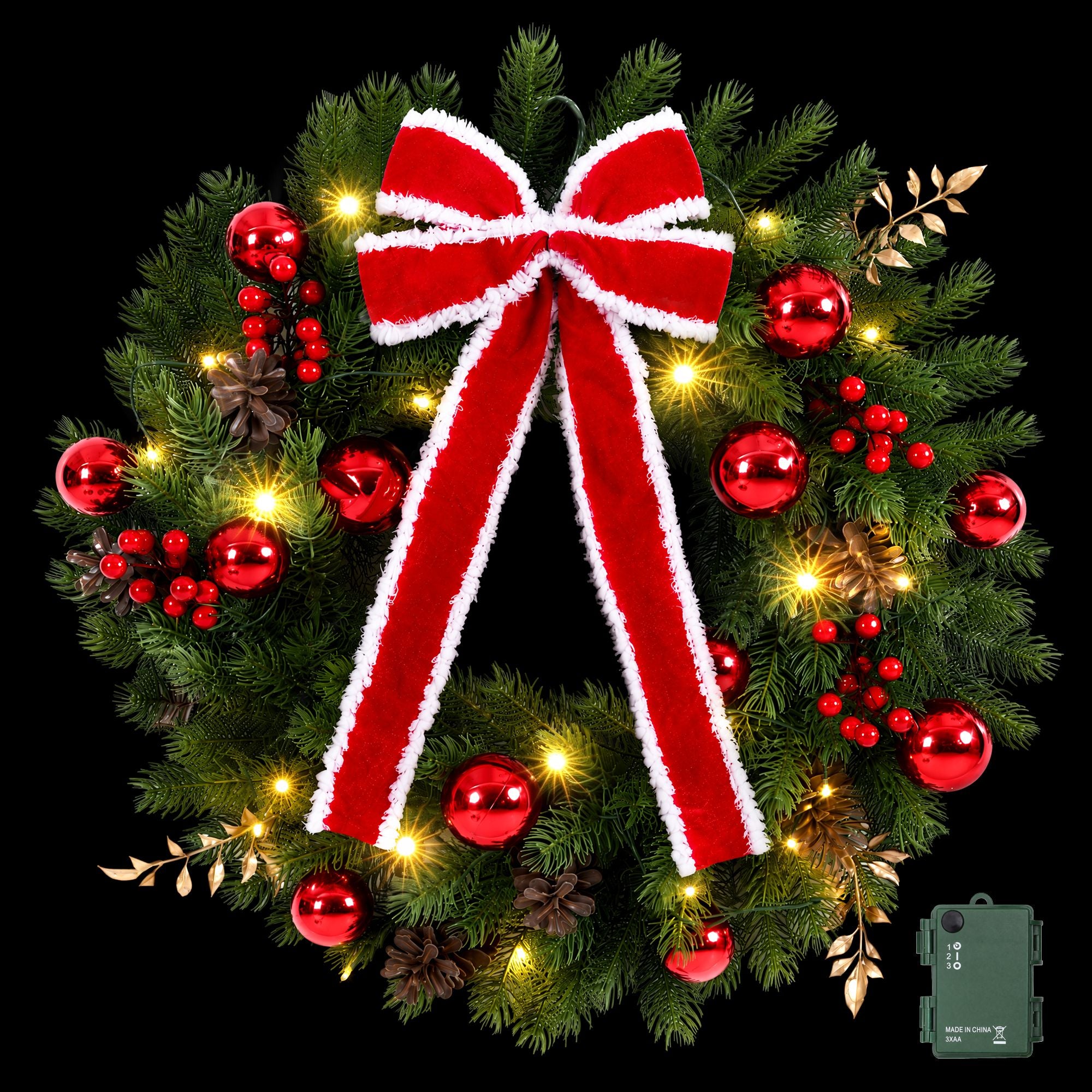 60cm Pre-lit Christmas Wreath Garlands LED Light Front Door Decor Bow
