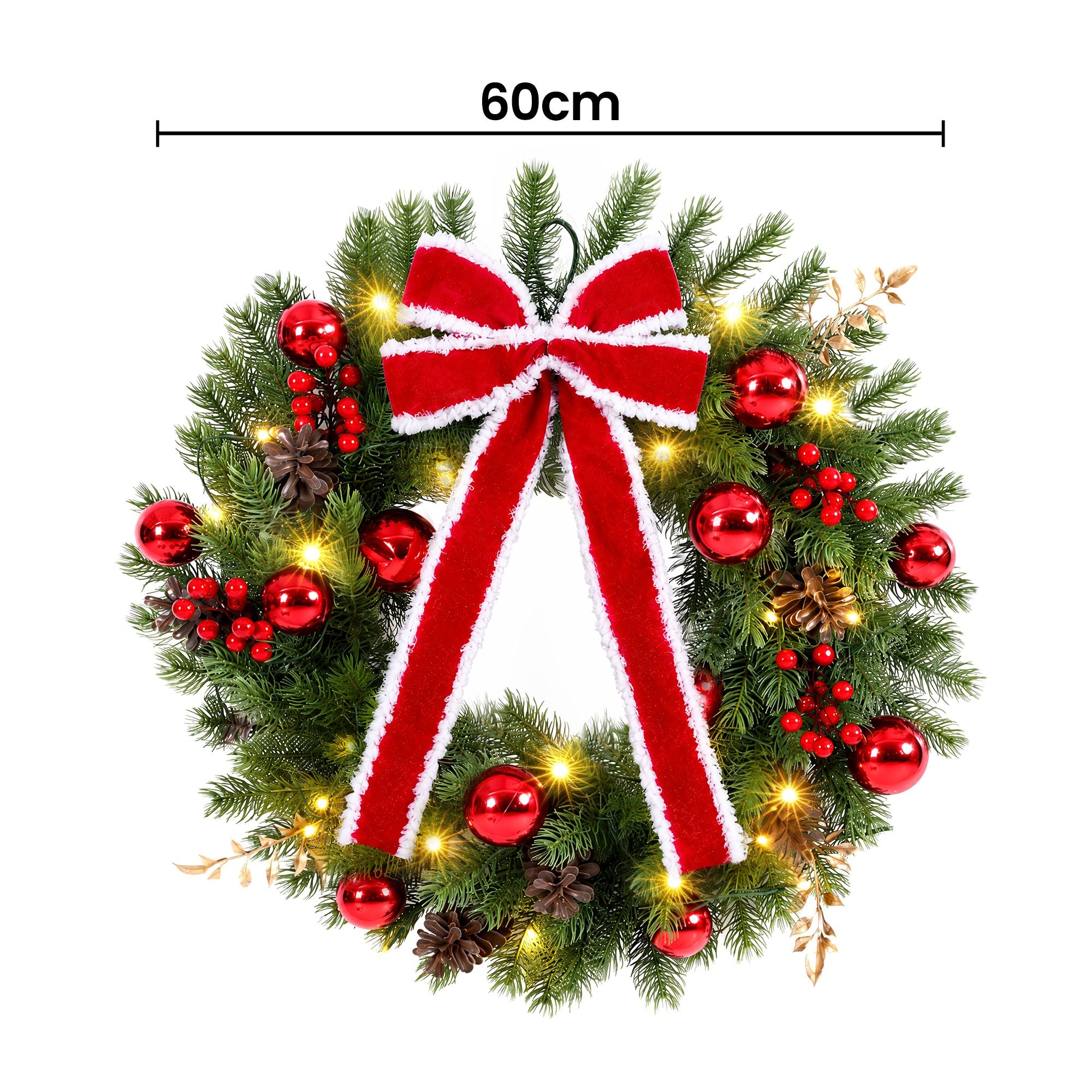 60cm Pre-lit Christmas Wreath Garlands LED Light Front Door Decor Bow