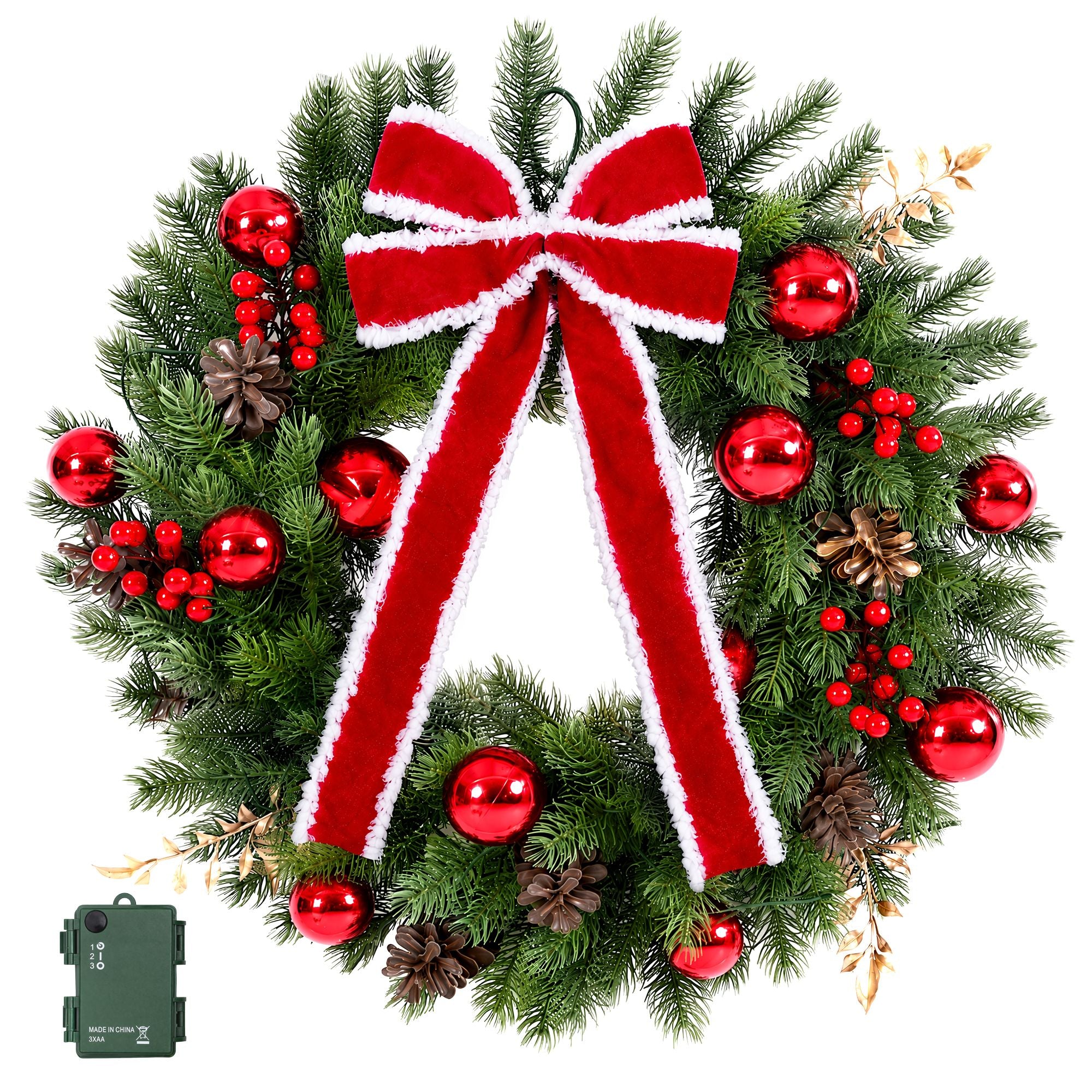 60cm Pre-lit Christmas Wreath Garlands LED Light Front Door Decor Bow