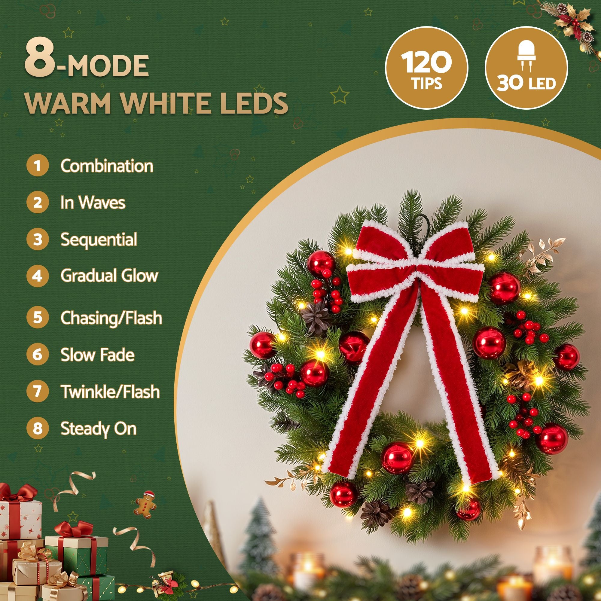 60cm Pre-lit Christmas Wreath Garlands LED Light Front Door Decor Bow