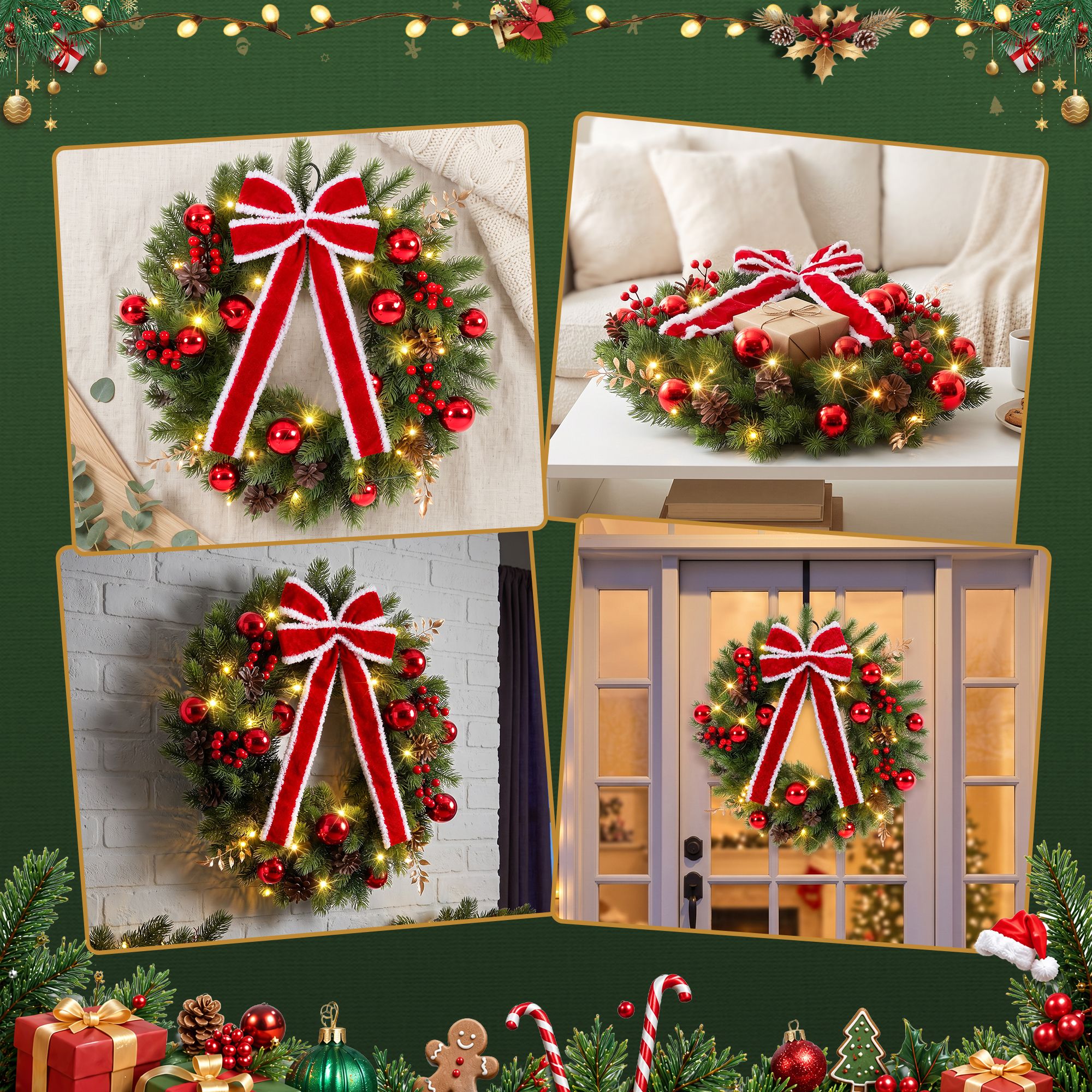 60cm Pre-lit Christmas Wreath Garlands LED Light Front Door Decor Bow