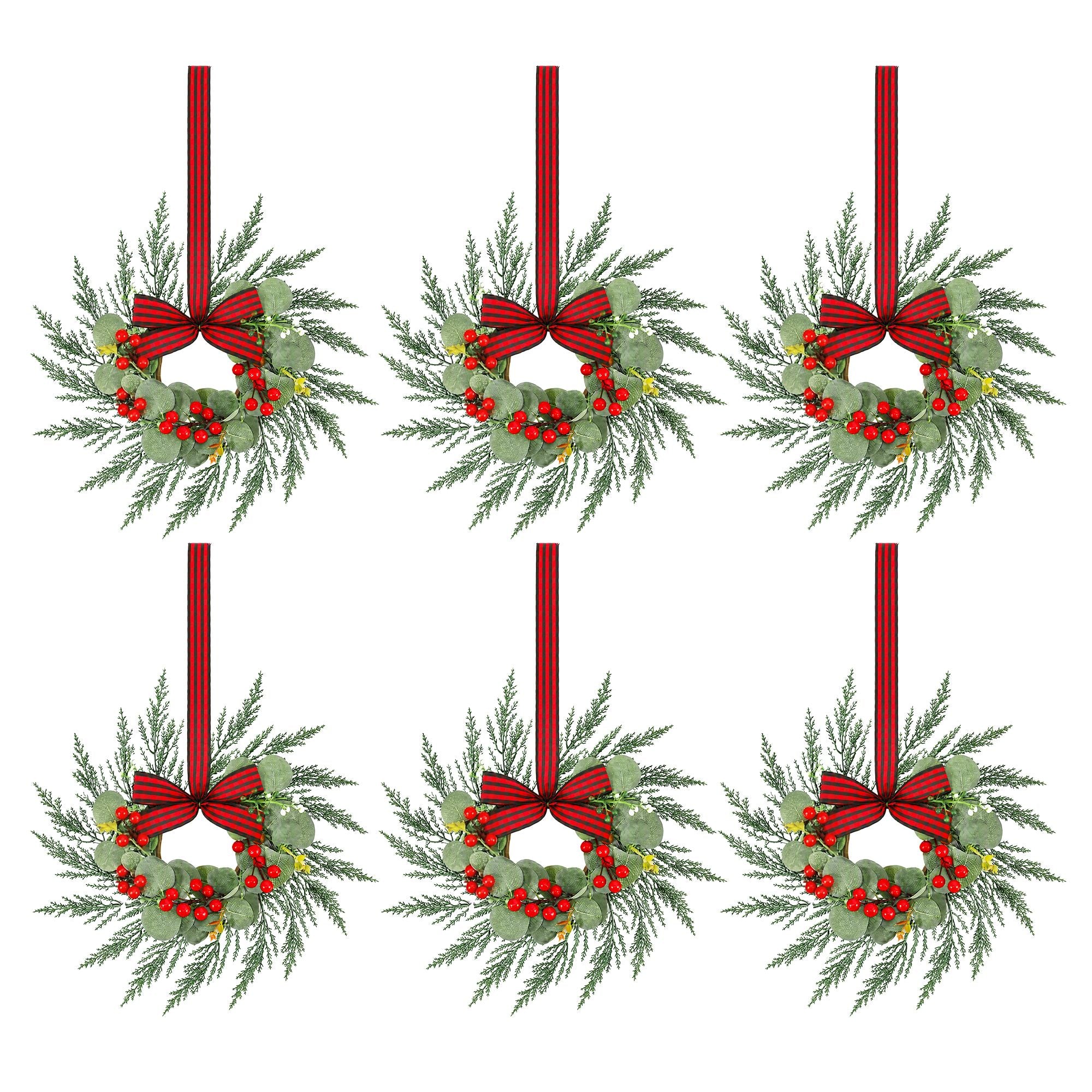 6x Christmas Wreath Garland 26cm Pre-lit Wreaths Red Berries Bow