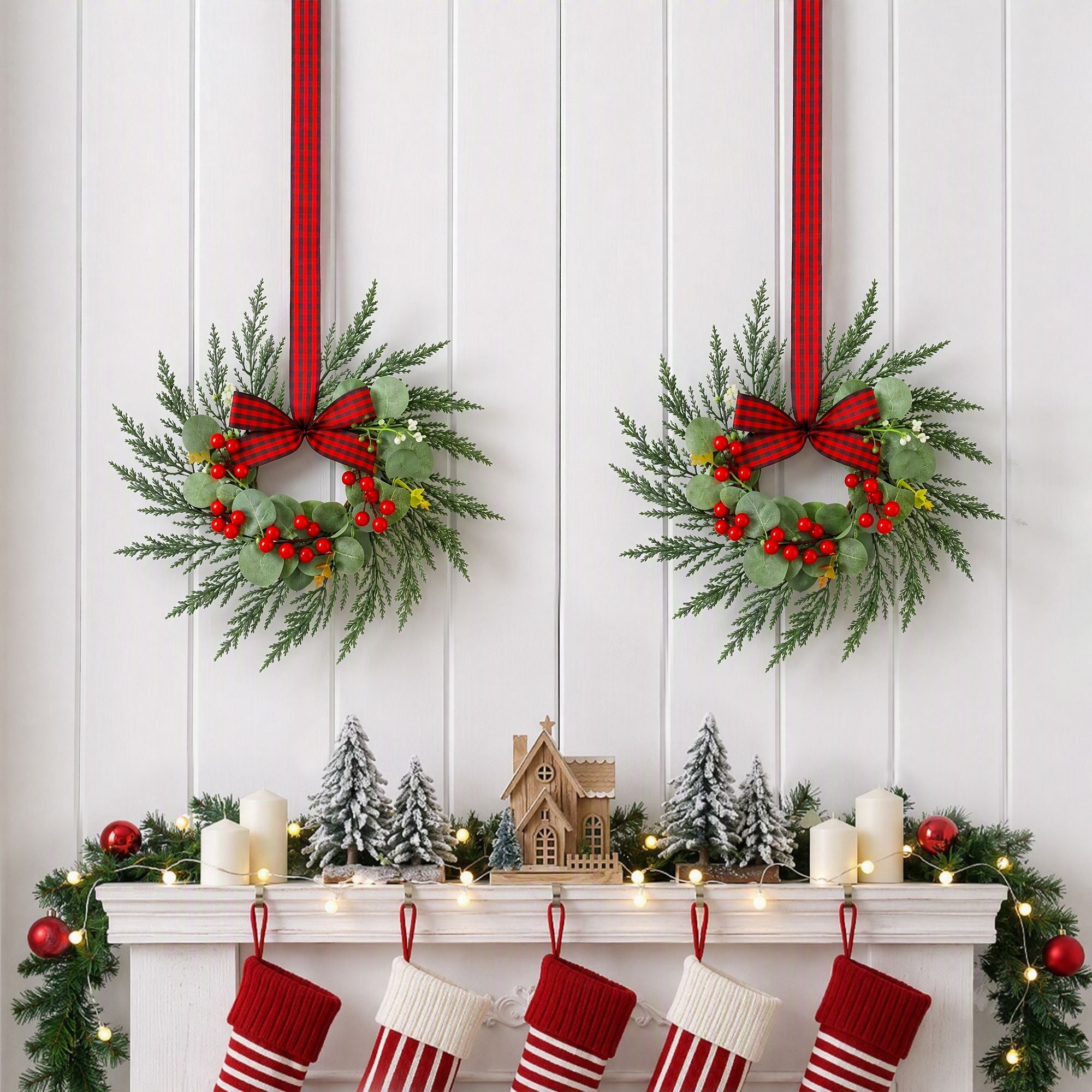 6x Christmas Wreath Garland 26cm Pre-lit Wreaths Red Berries Bow