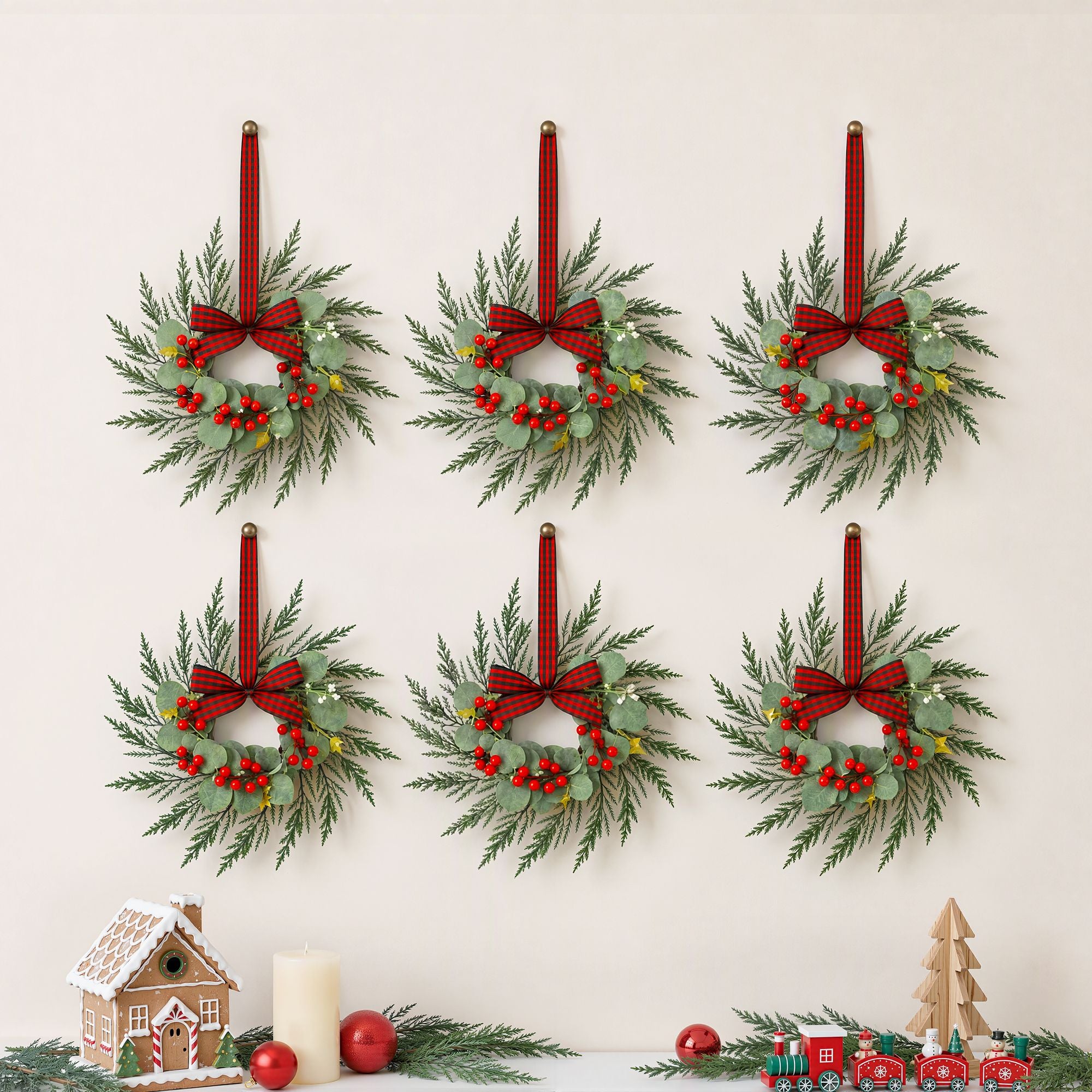 6x Christmas Wreath Garland 26cm Pre-lit Wreaths Red Berries Bow