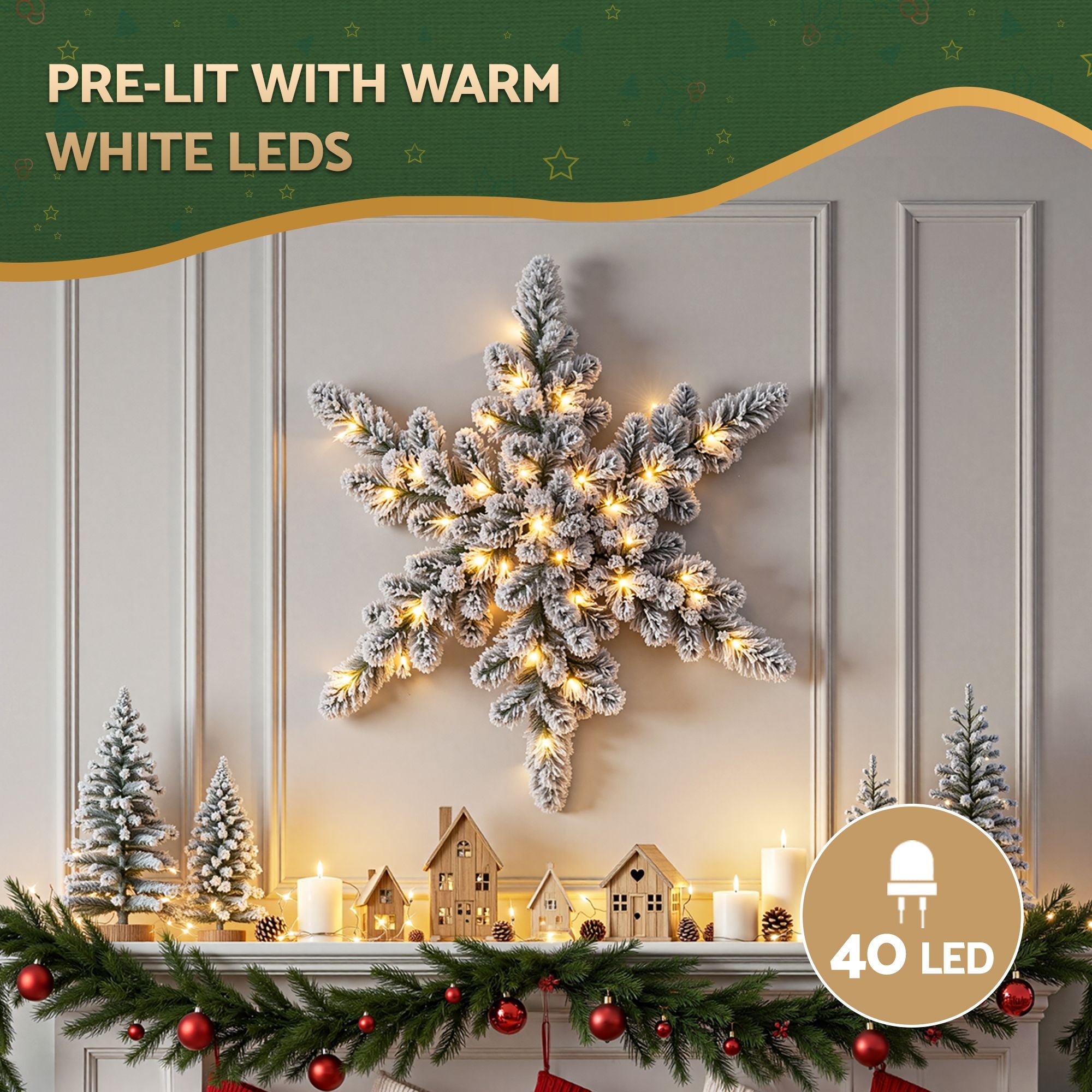 60cm Flocked Snowflake Christmas Wreath Garland Pre-Lit 40 LED Light Decor