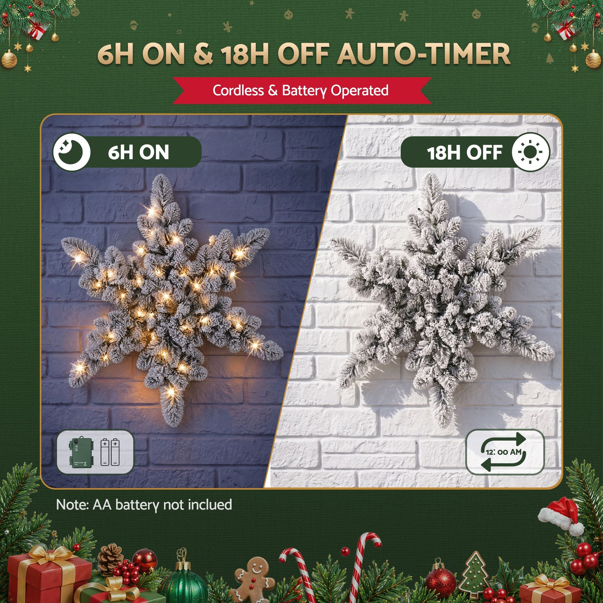 60cm Flocked Snowflake Christmas Wreath Garland Pre-Lit 40 LED Light Decor