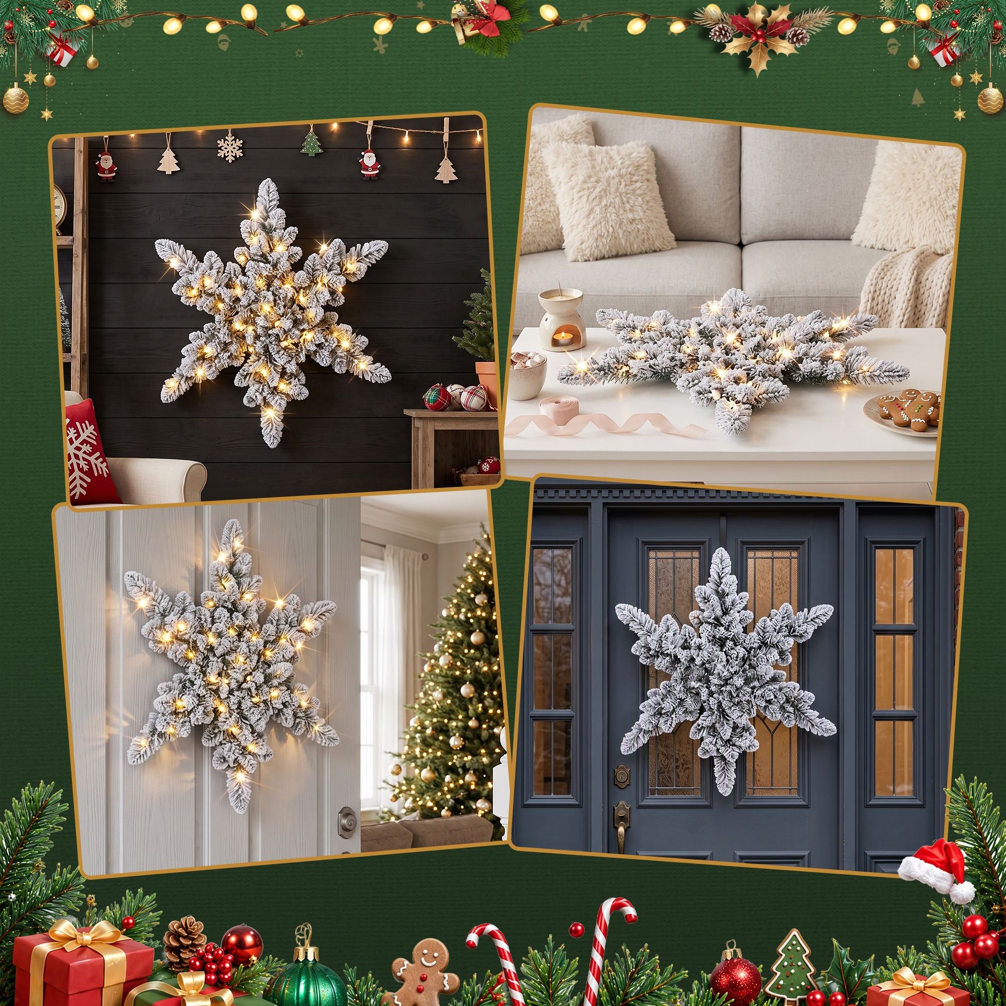 60cm Flocked Snowflake Christmas Wreath Garland Pre-Lit 40 LED Light Decor