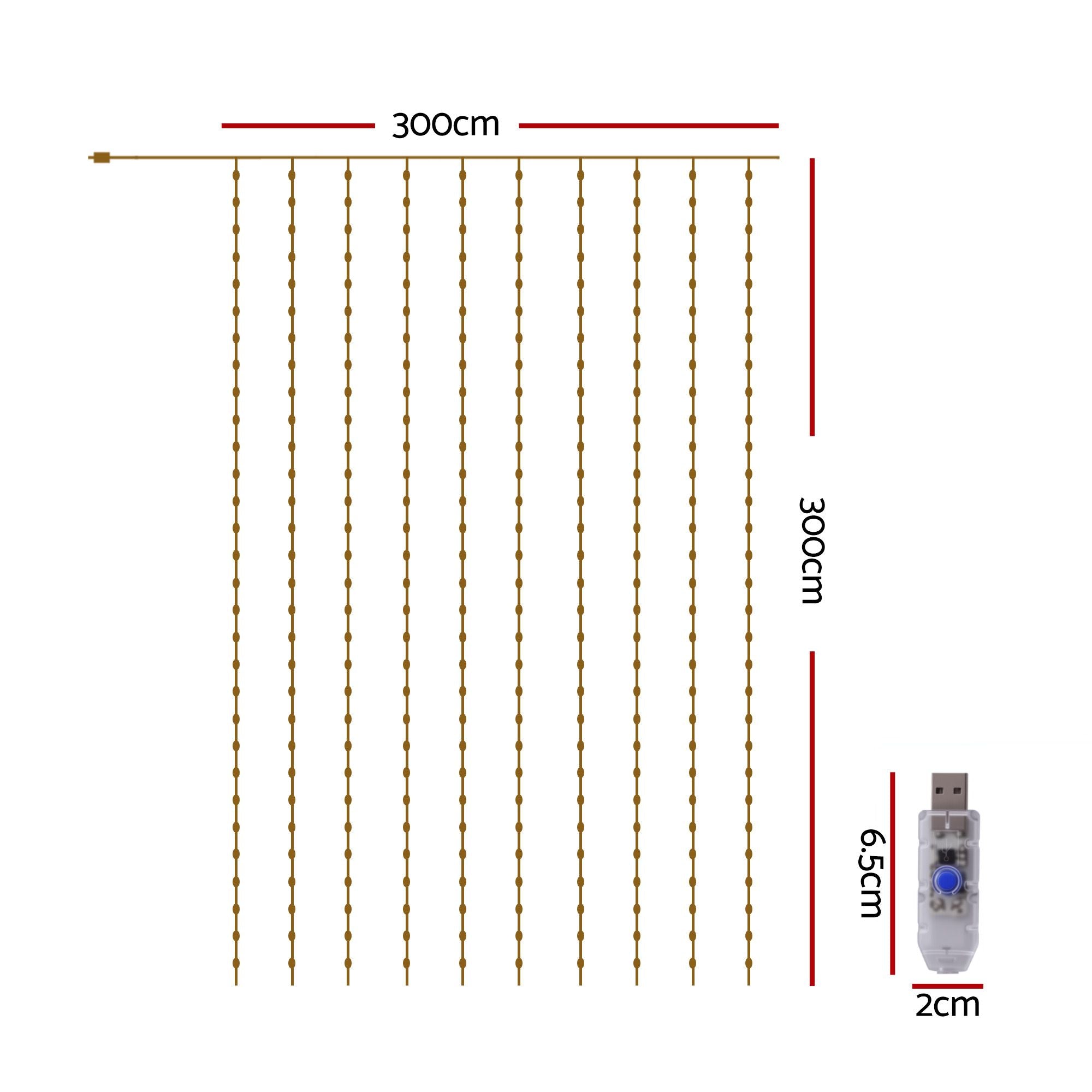 3X3M Christmas Lights Curtain String Light 300 LED Cool White