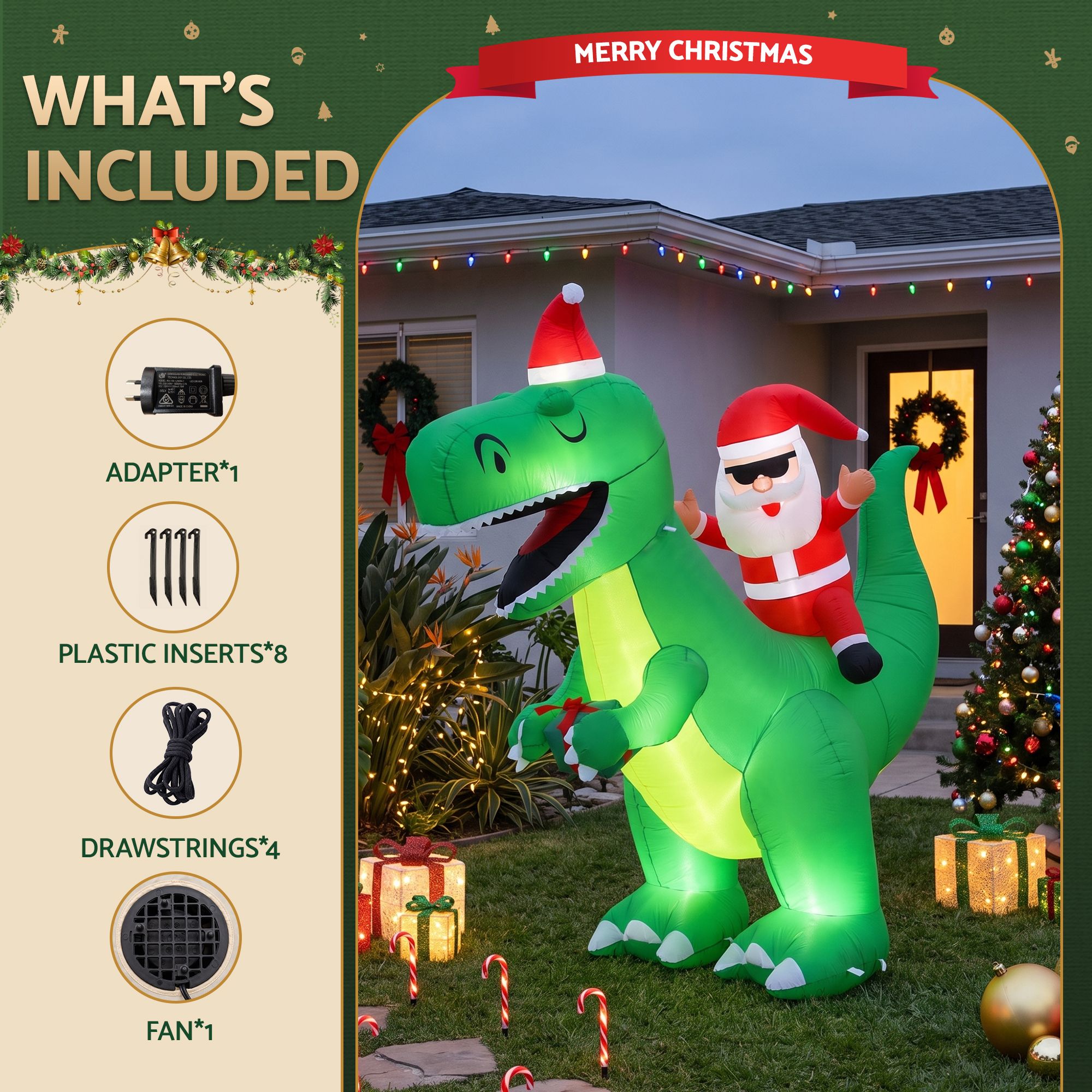 Christmas Inflatable Dinosaur 2.5M Illuminated Decorations