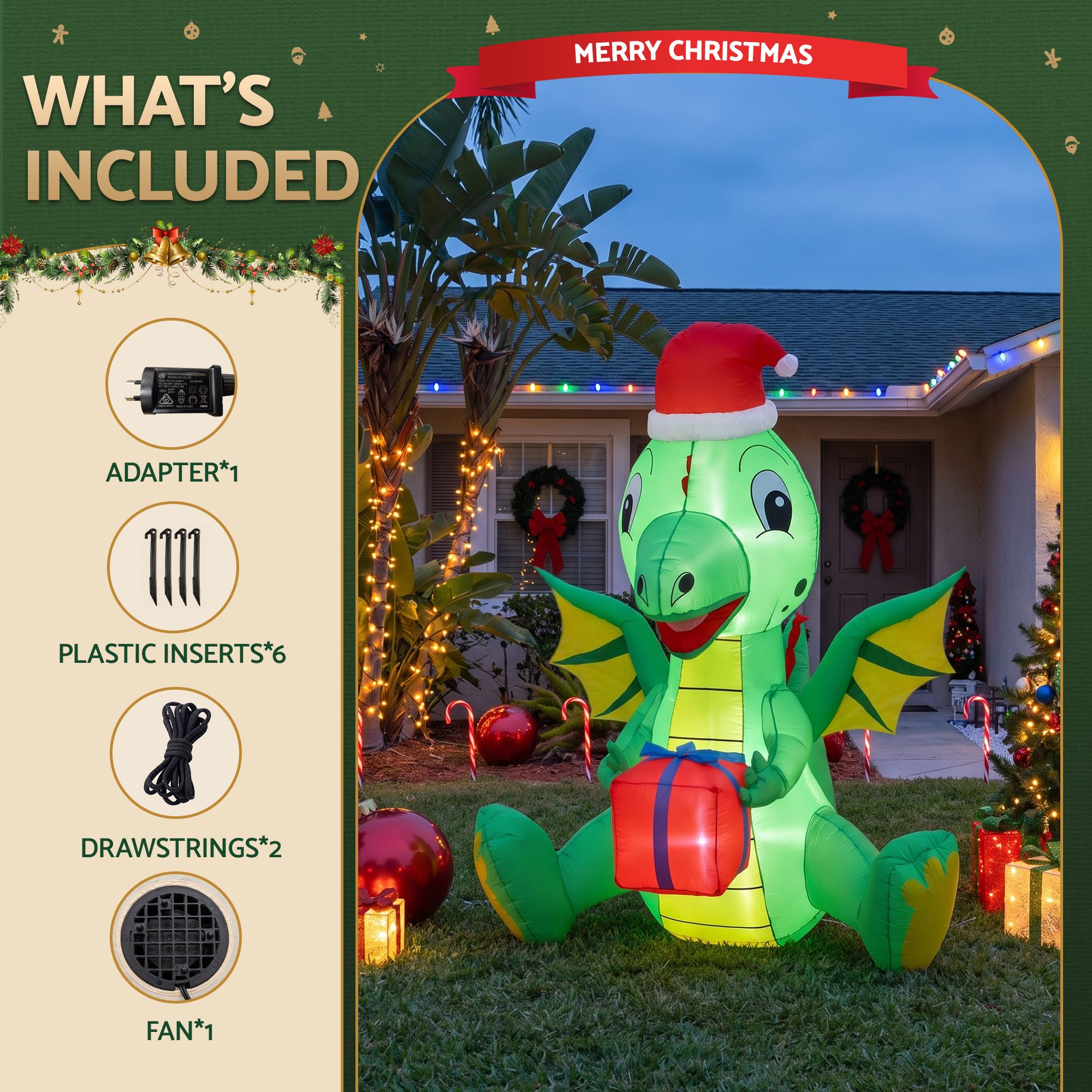 Christmas Inflatable Dragon 1.8M Height LED Outdoor Decorations Illuminated