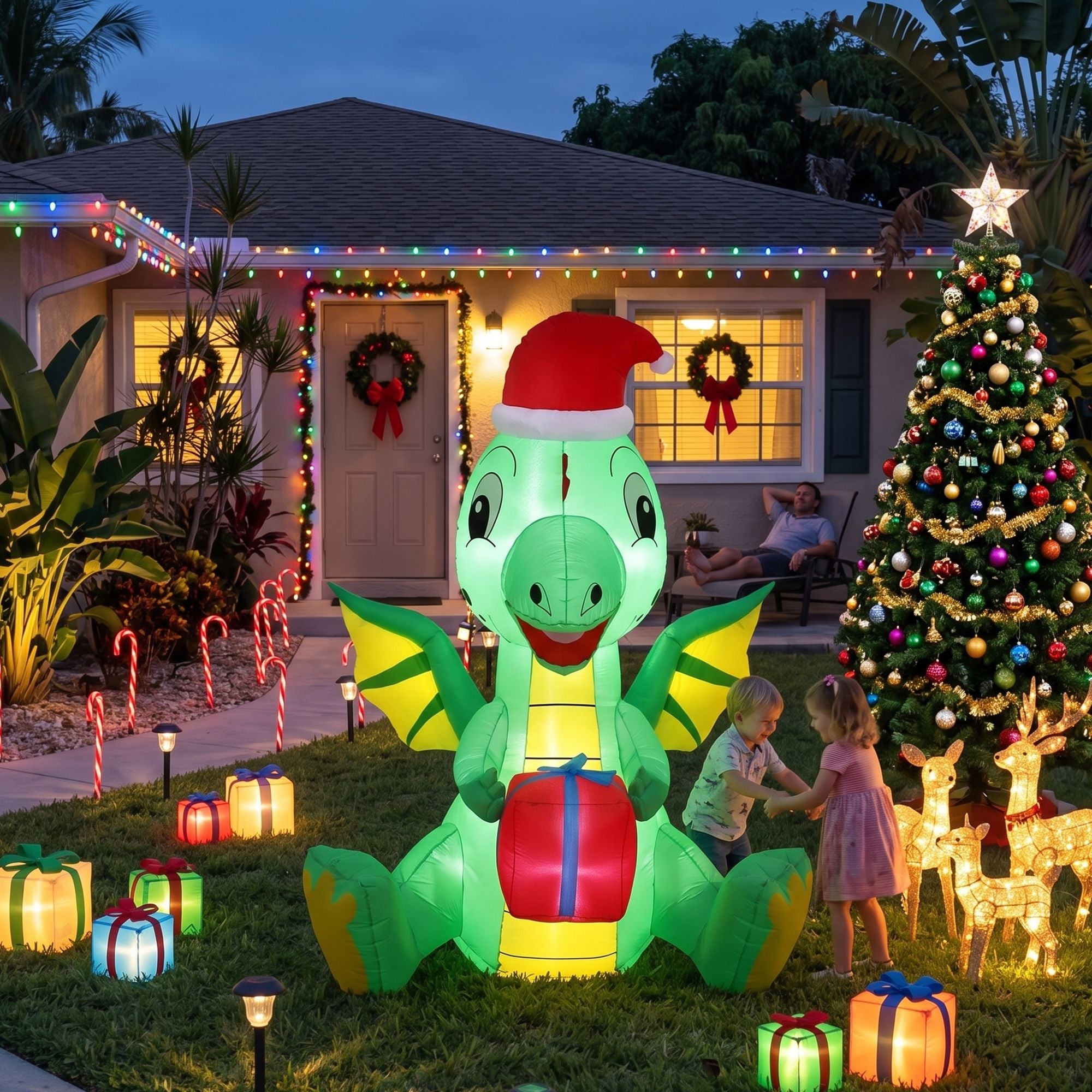 Christmas Inflatable Dragon 1.8M Height LED Outdoor Decorations Illuminated