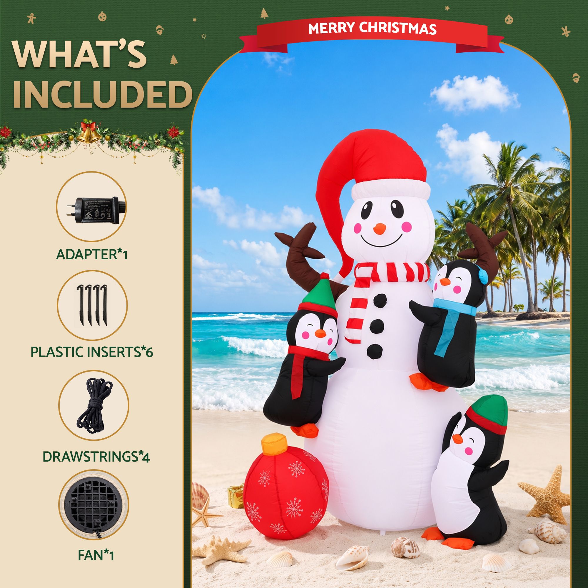 Christmas Inflatable Snowman 1.8M Height LED Outdoor Decorations Warm Light