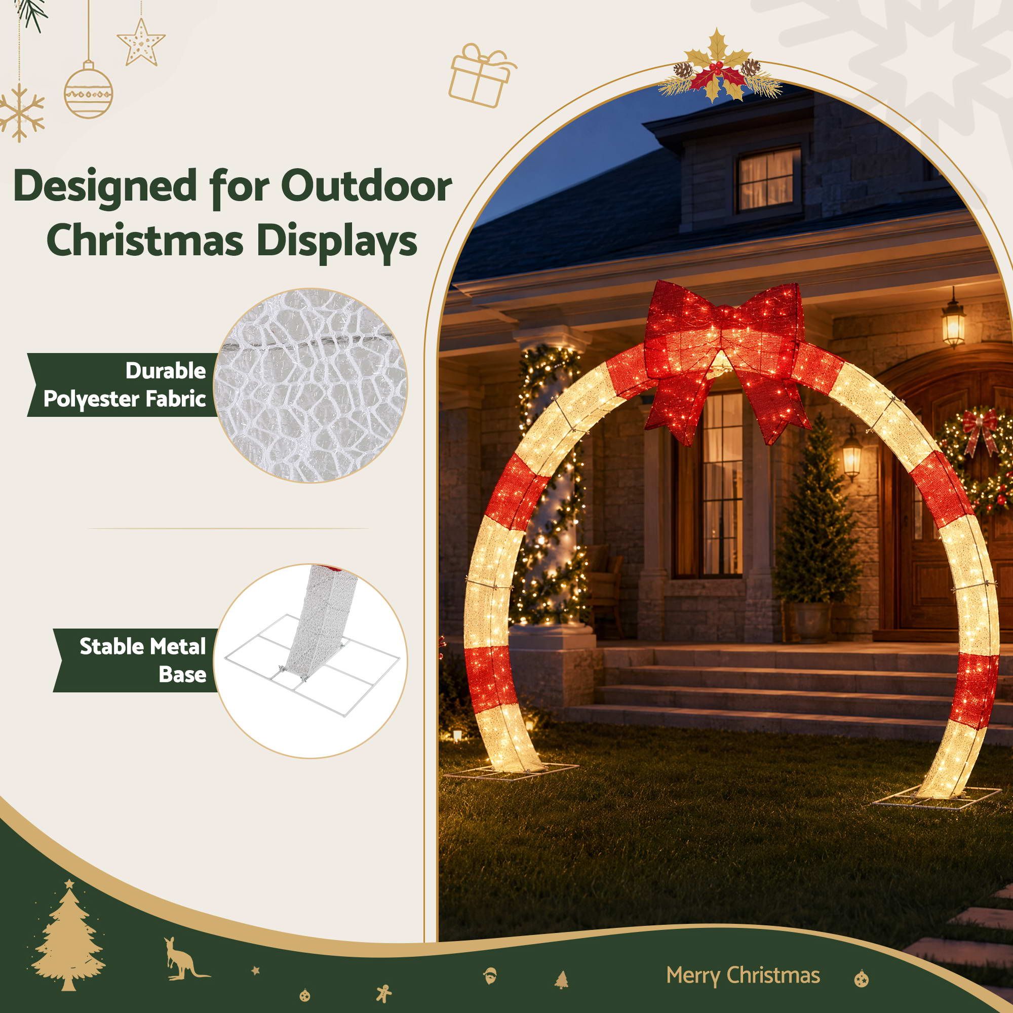 2.5m Christmas Archway Pre-Lit Christmas Arch Warm White LED Outdoor Garden Decoration