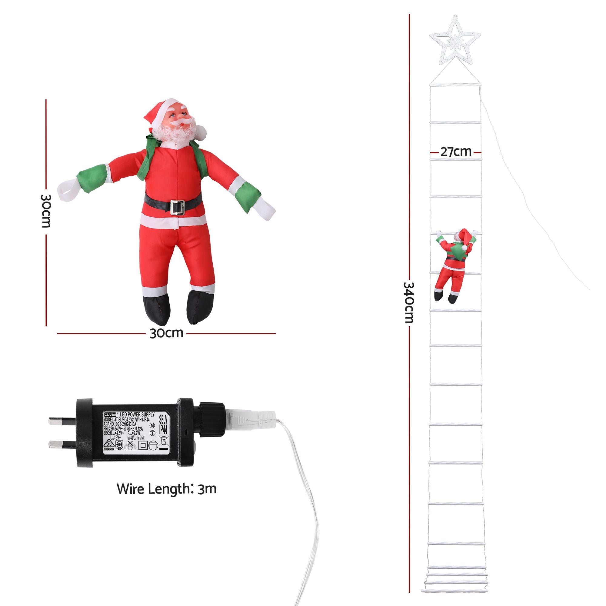Christmas Ladder Lights Santa 3.4m 328LED Hanging Decor Warm White