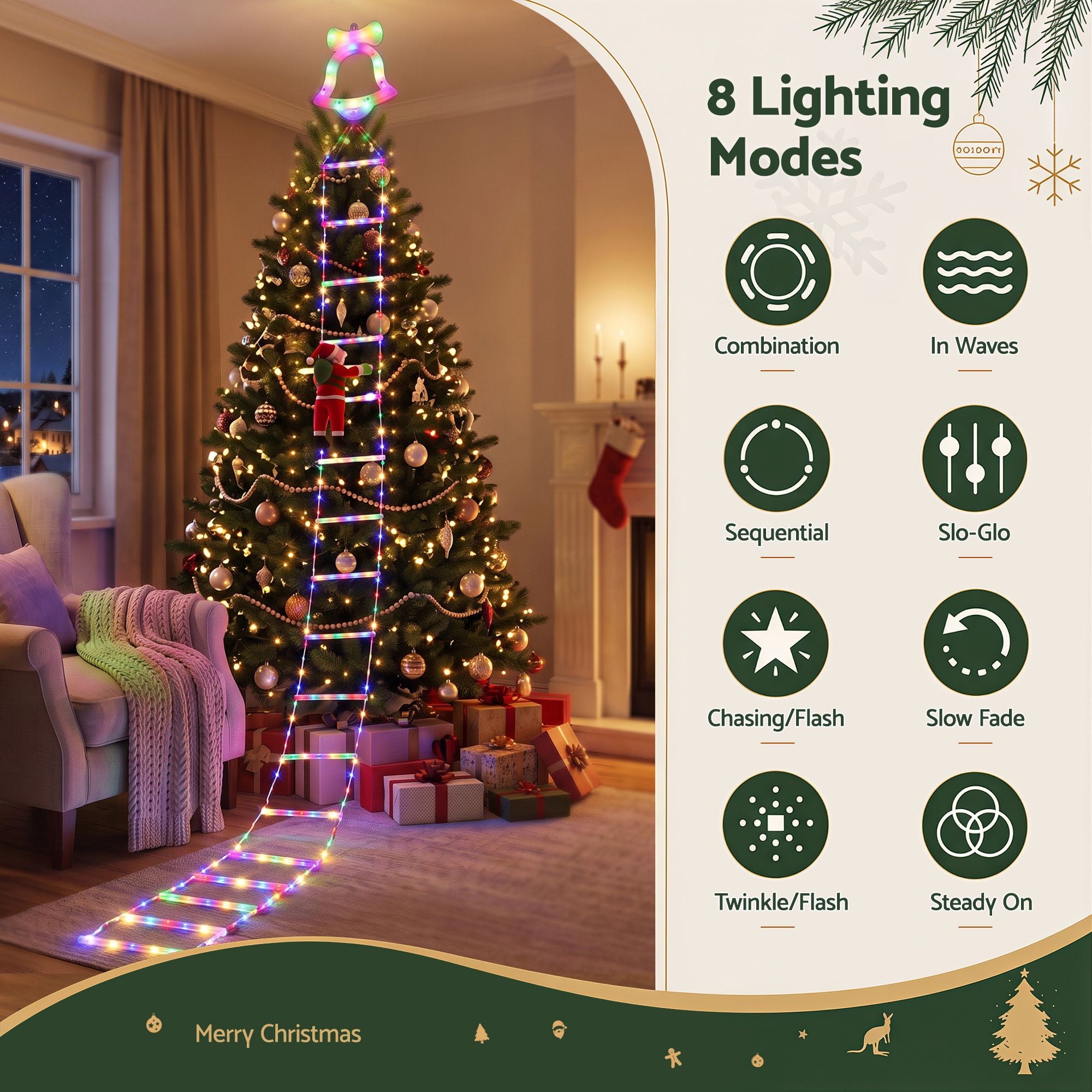 3.5M Christmas Lights 300 LED Ladder Light with Santa Claus Decor