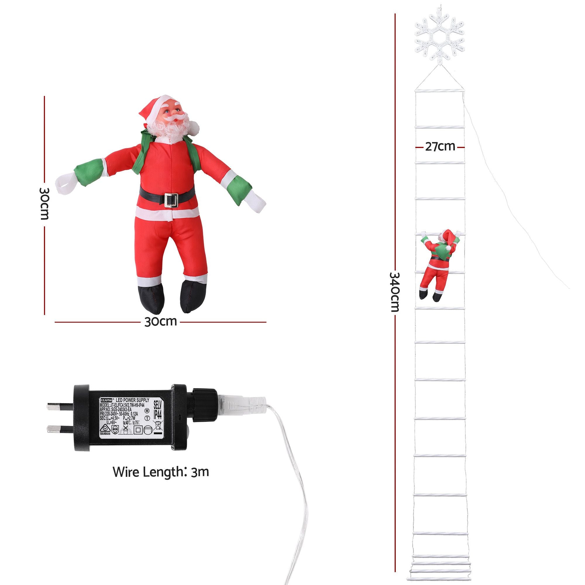 Christmas Ladder Lights Santa 3.4m 328LED Hanging Decor Cool White
