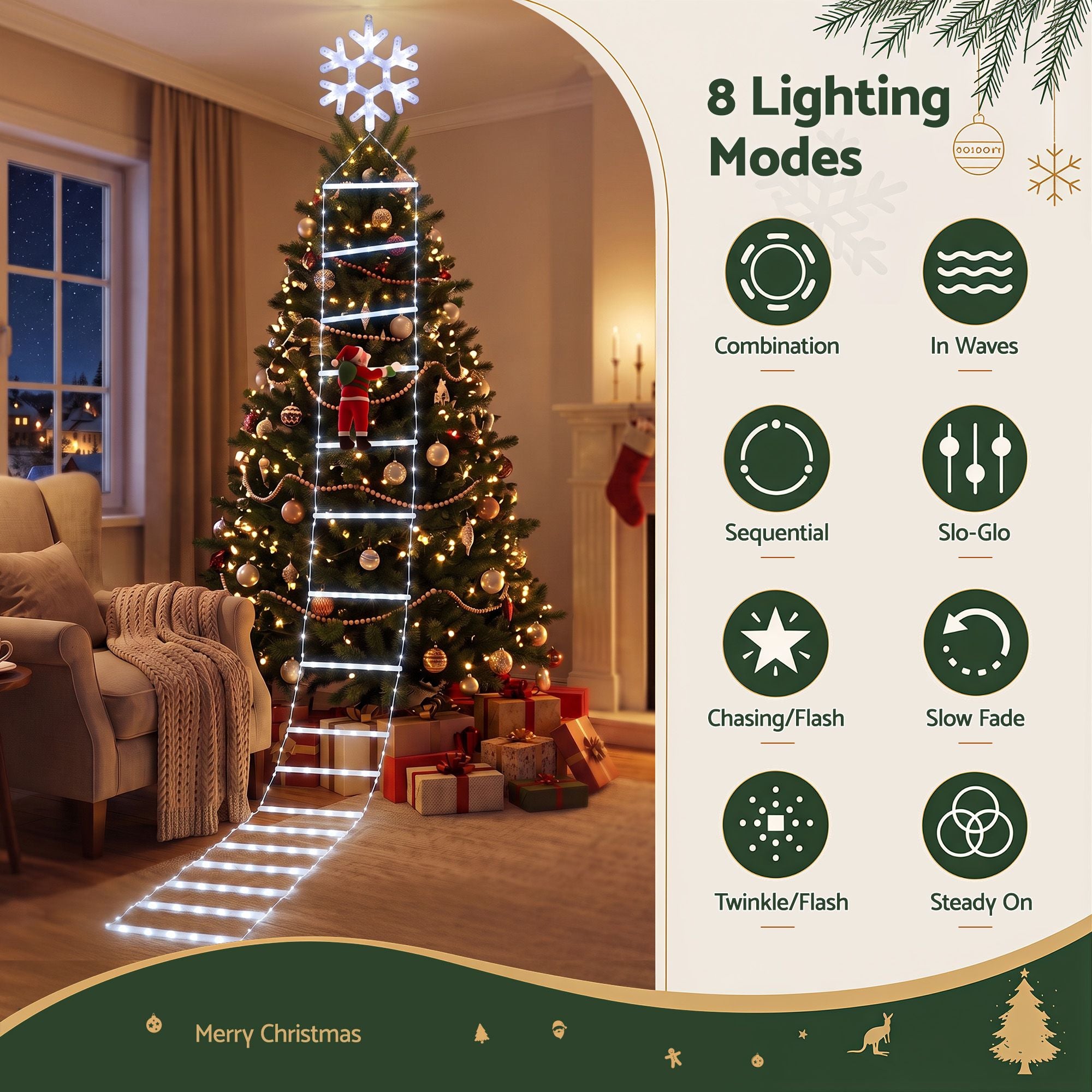 Christmas Ladder Lights Santa 3.4m 328LED Hanging Decor Cool White