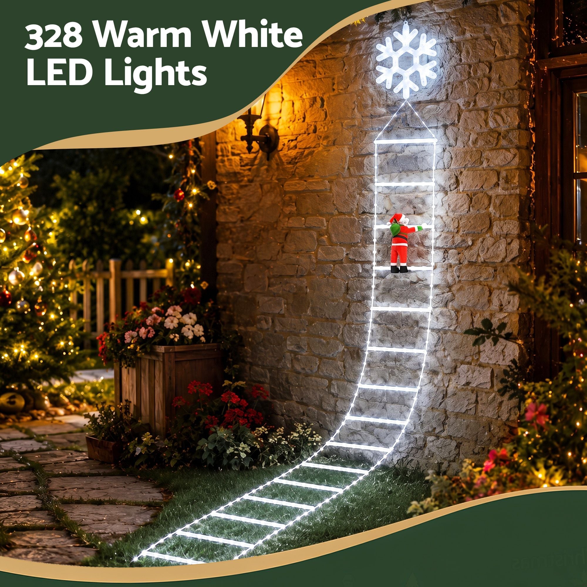 Christmas Ladder Lights Santa 3.4m 328LED Hanging Decor Cool White