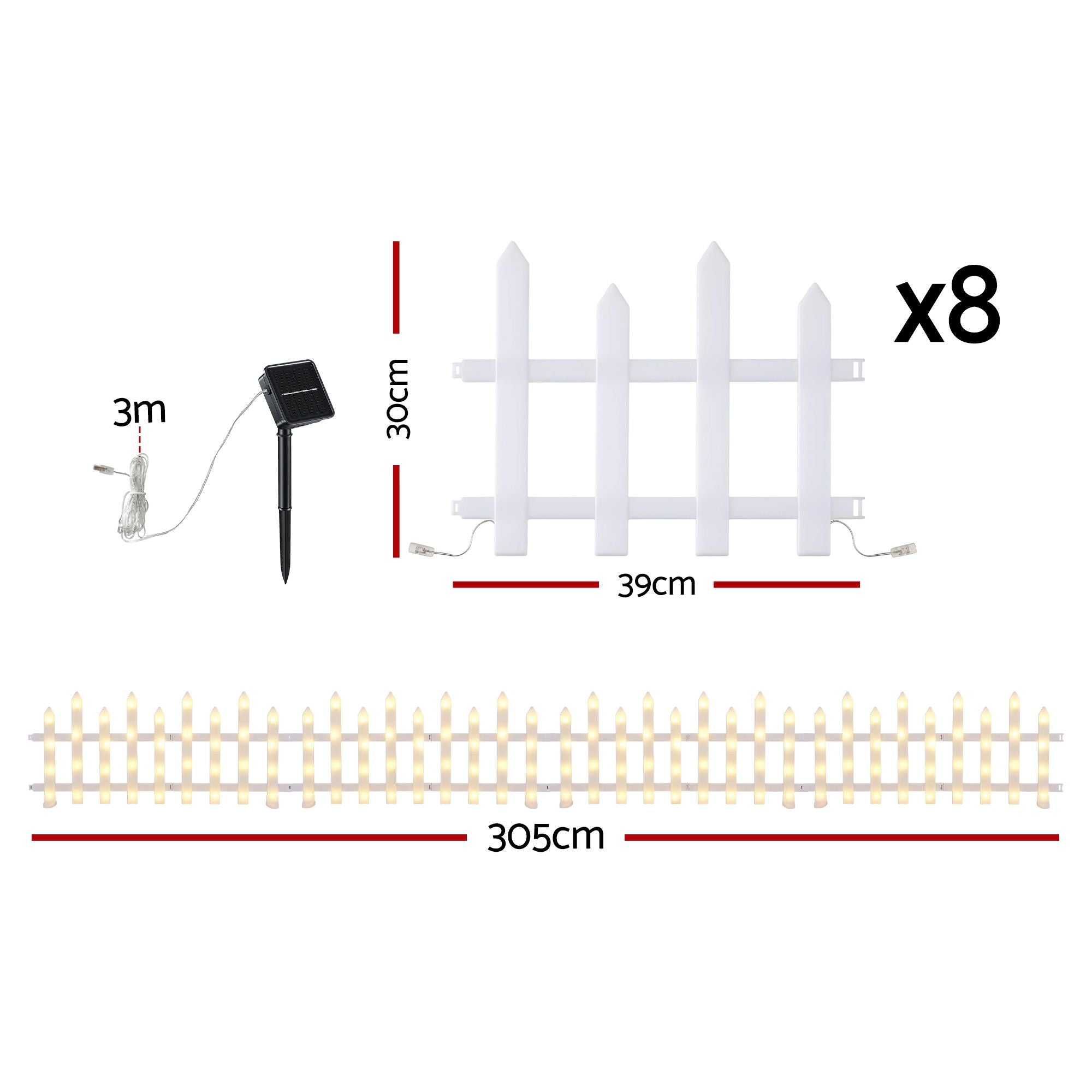 3m Solar Christmas Fence Lights Outdoor Garden Path Decor Warm White 8pc