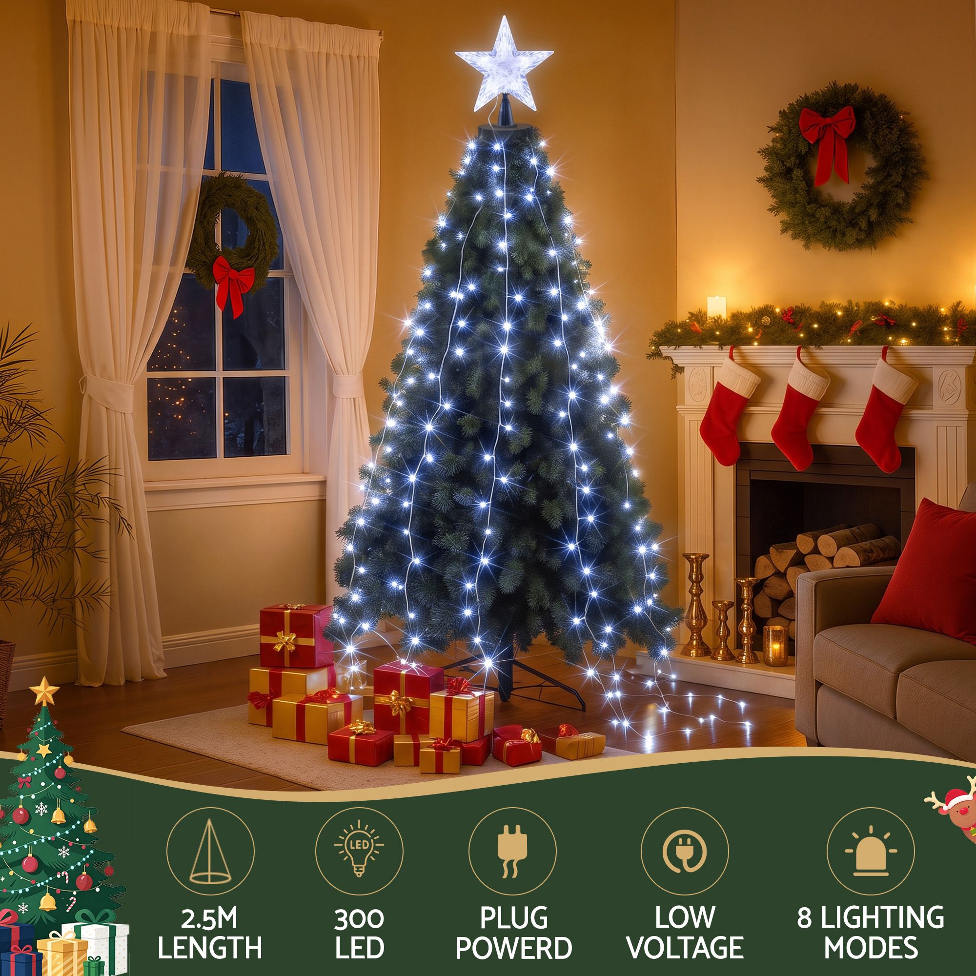2.5M Christmas Tree Lights Christmas Lights Tree Topper Waterfall Fairy Lights White