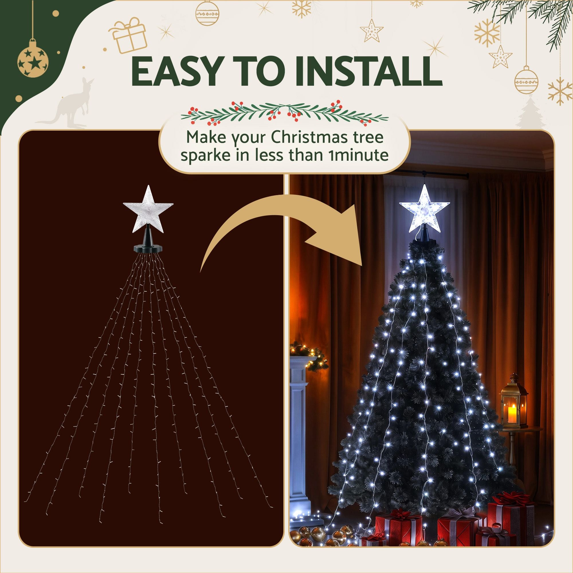 2.5M Christmas Tree Lights Christmas Lights Tree Topper Waterfall Fairy Lights White