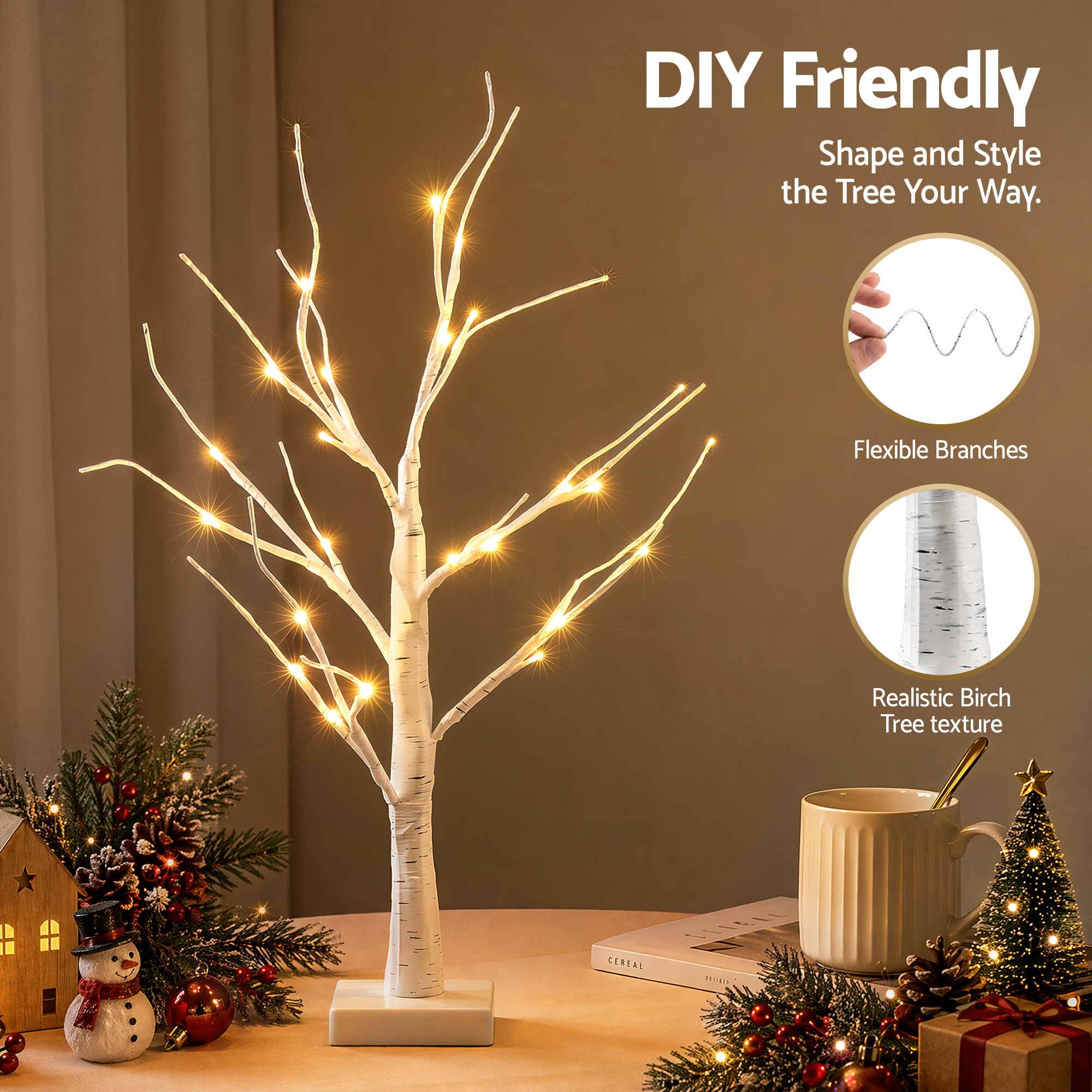 Lighted Branch Tree Christmas Decorations Warm White Christmas Lights 2 Pack 60cm