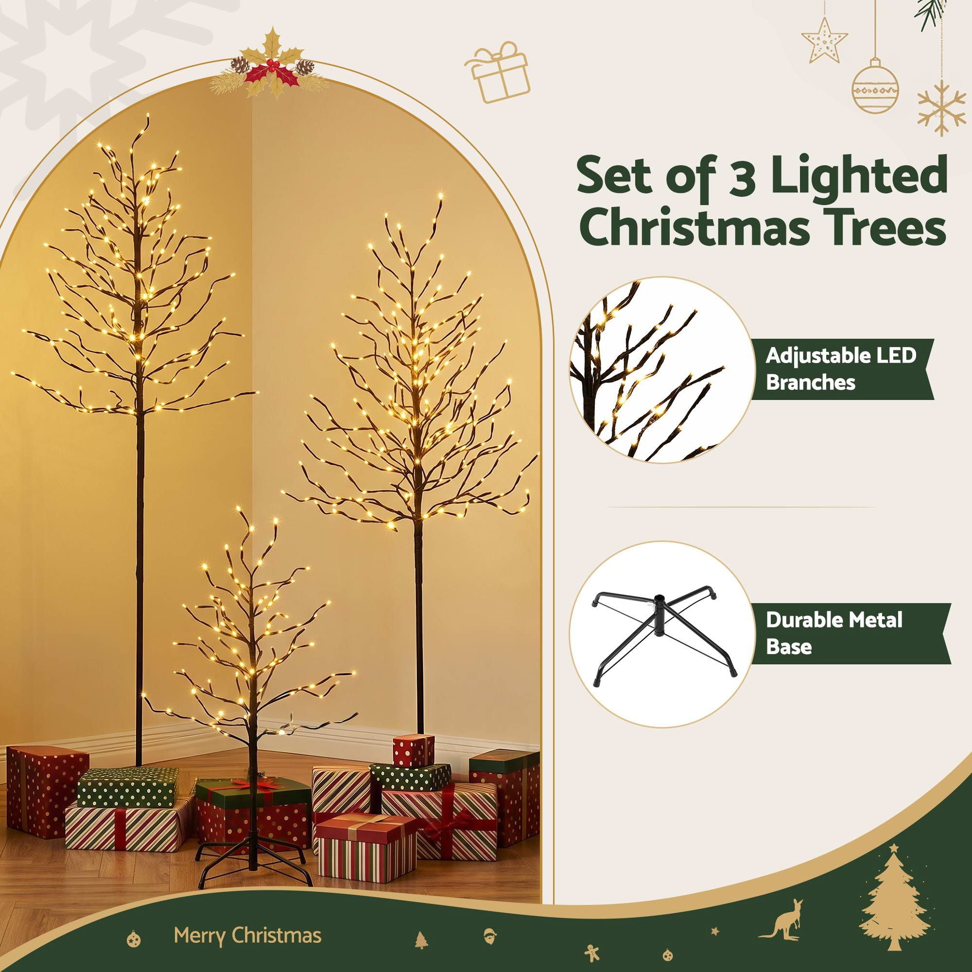 3 Pack LED Christmas Tree Lighted Birch Tree Indoor Outdoor Xmas Decor Warm White